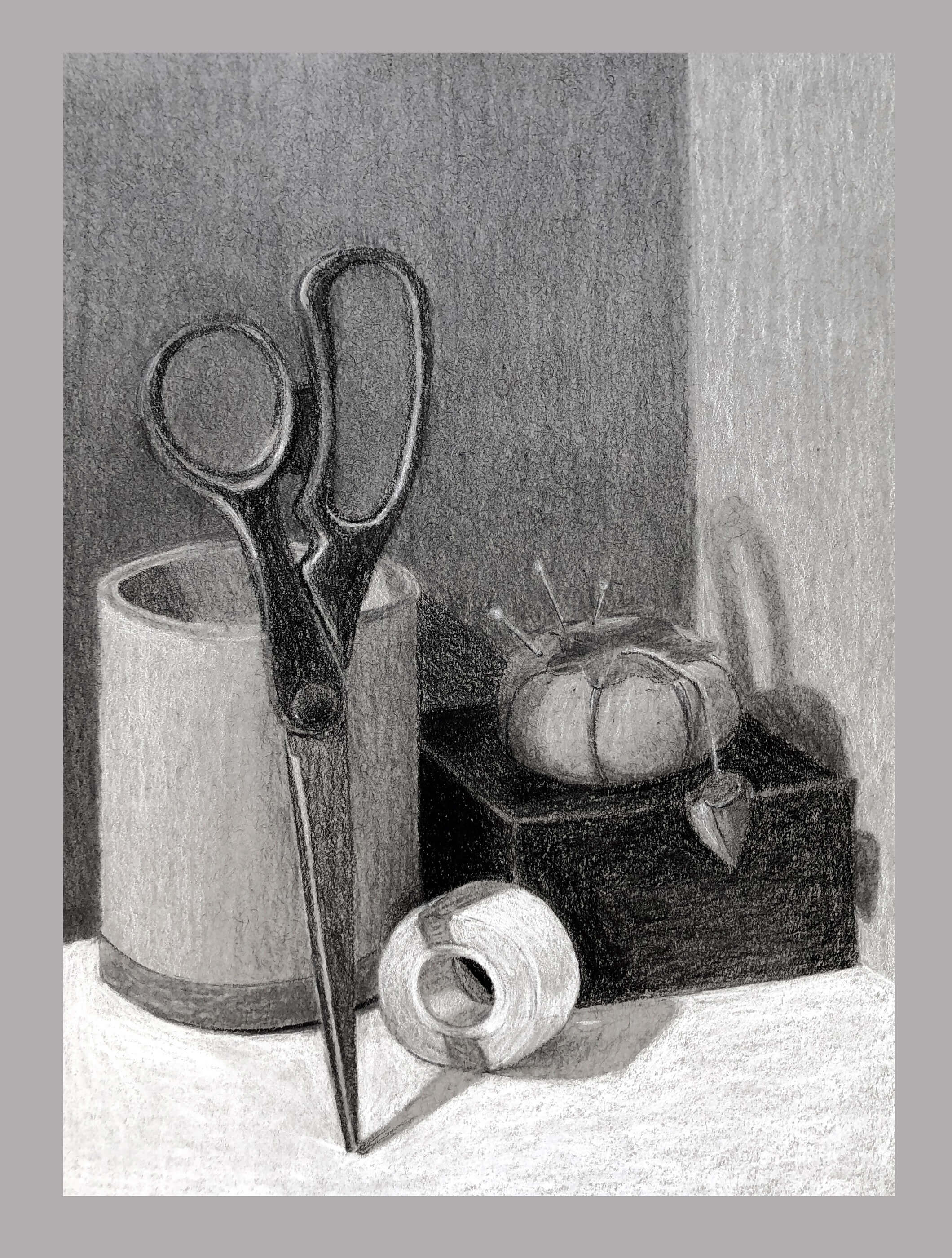 Sketch of scissors, a cup, tape, and needles used for knitting.