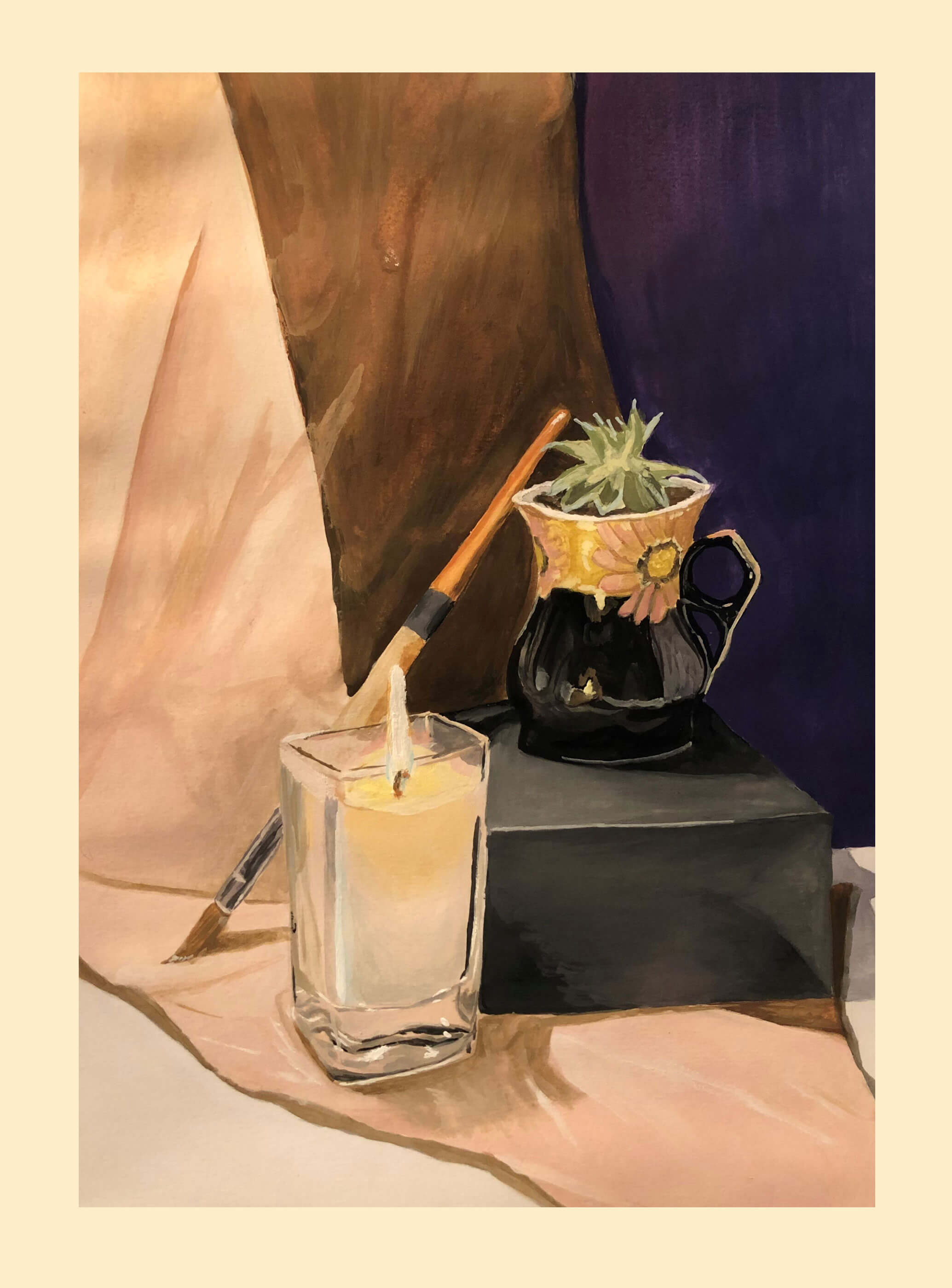 Painting of a candle, paintbrush, and cup with a plant in it.