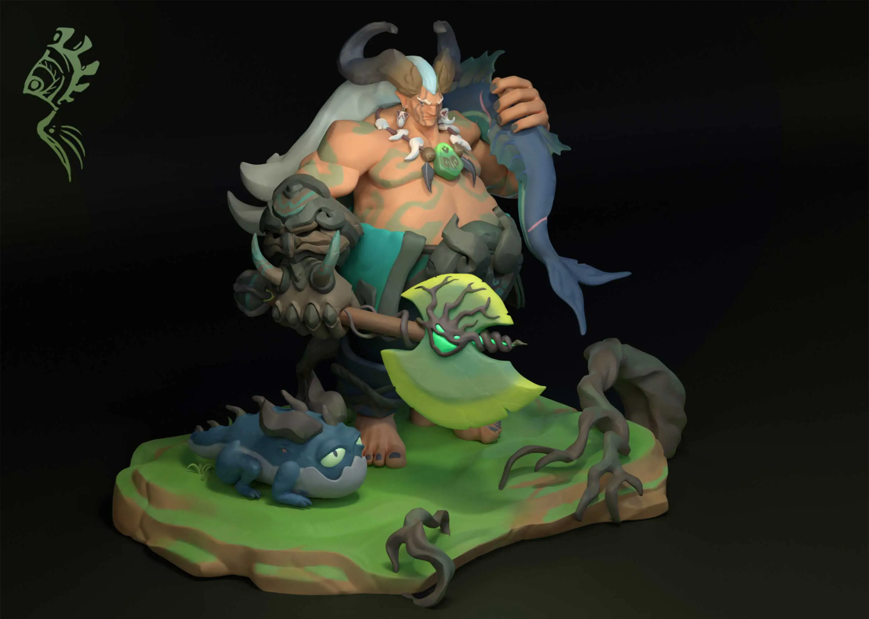 A 3D render of a large tribal man wielding an axe and large fish.