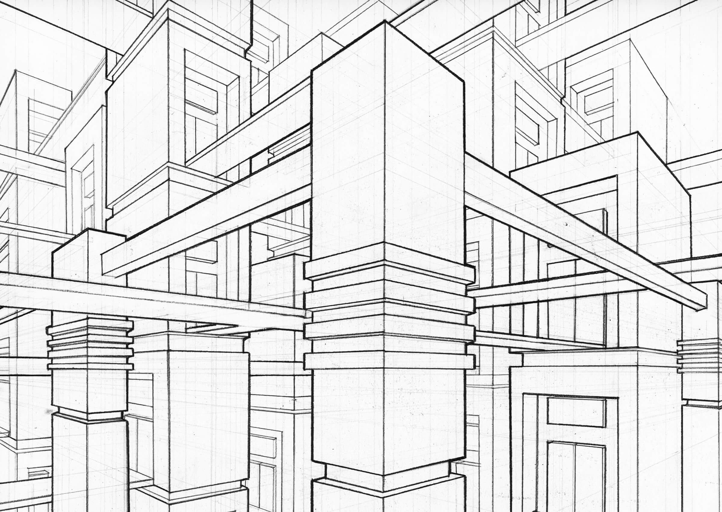 black and white perspective drawing of pillars and beams