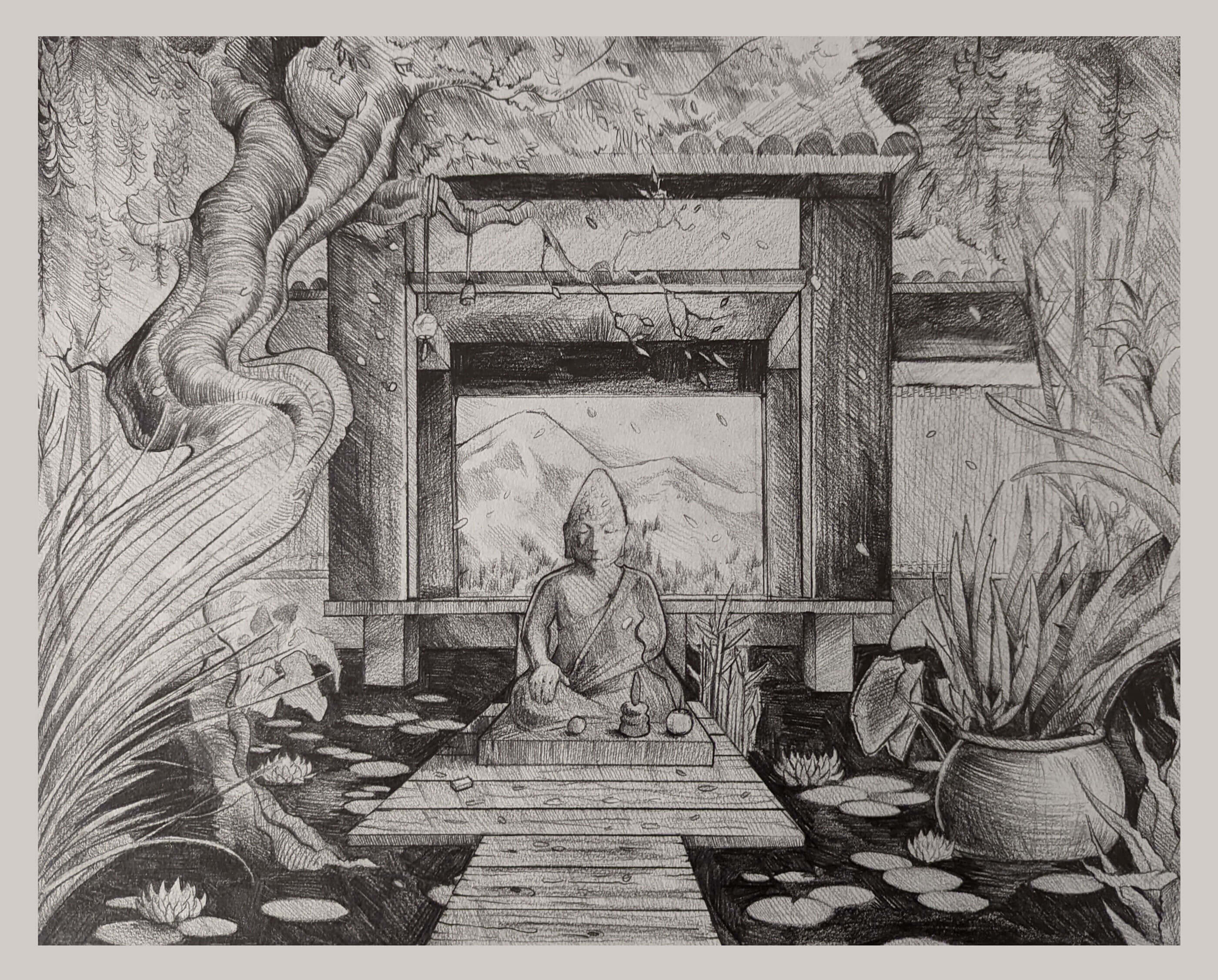 Sketch of a man meditating in a picturesque garden.