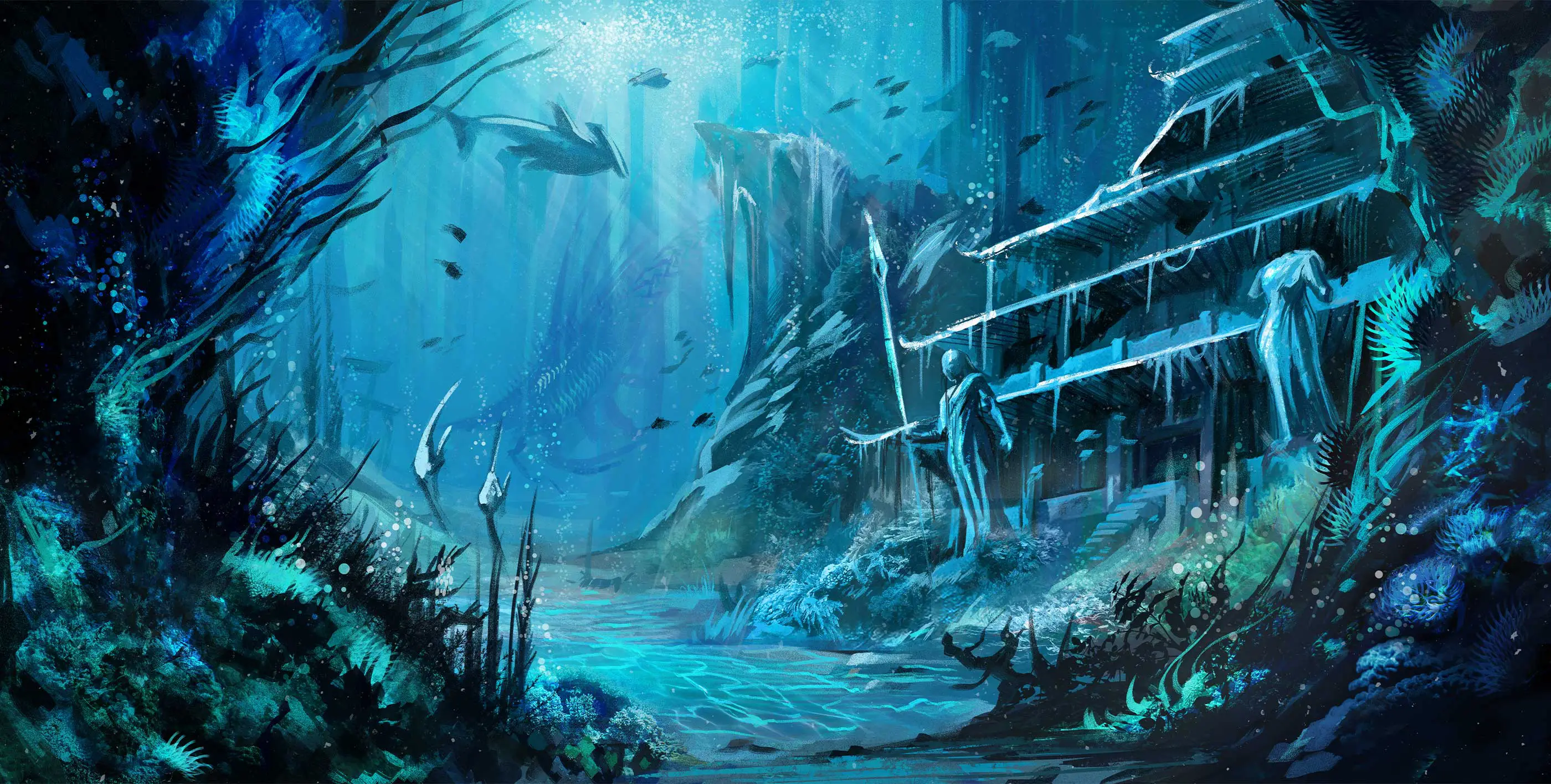 A painting of an underwater temple.