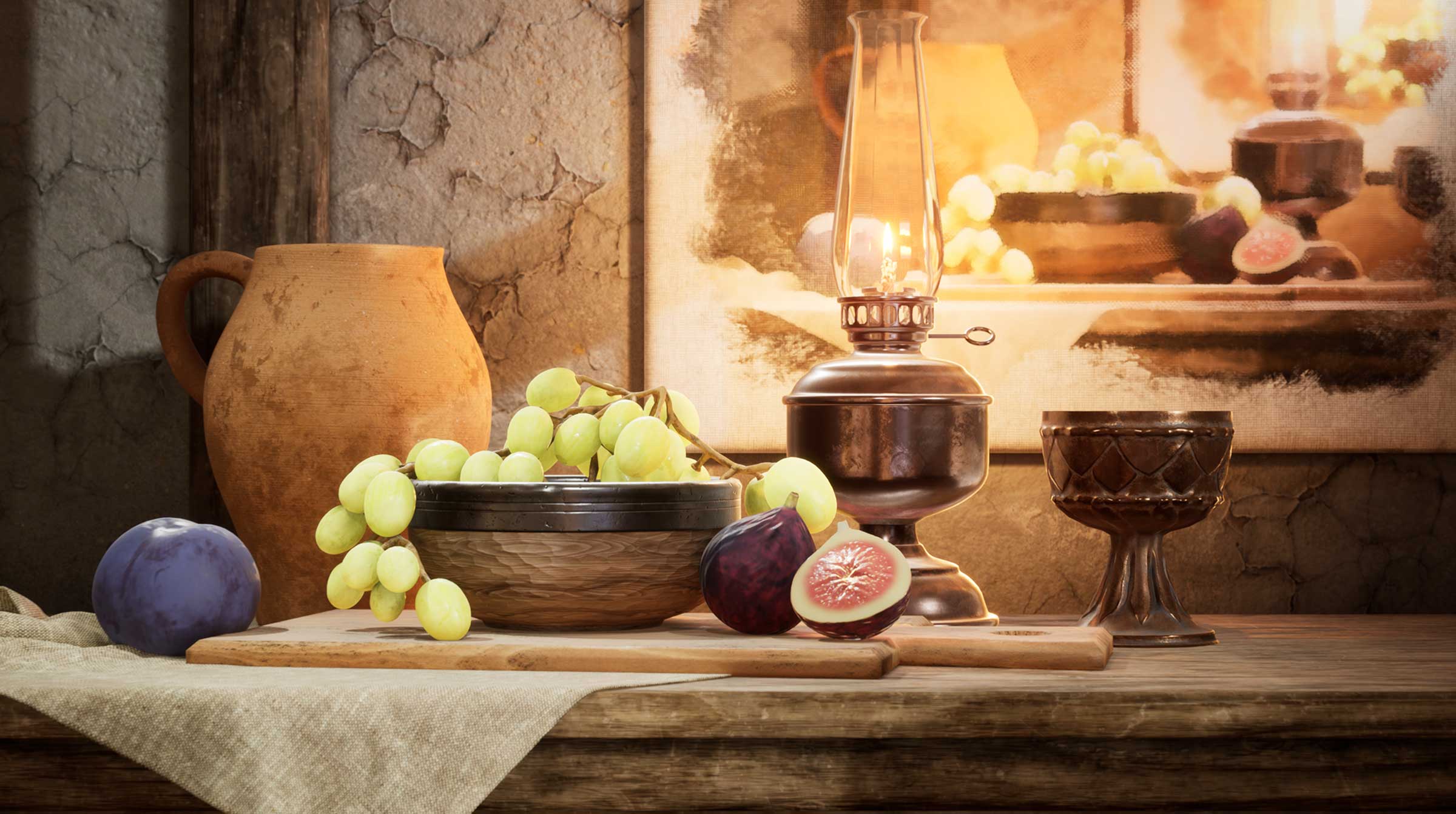 Grapes and various fruit sit on a wooden desk.