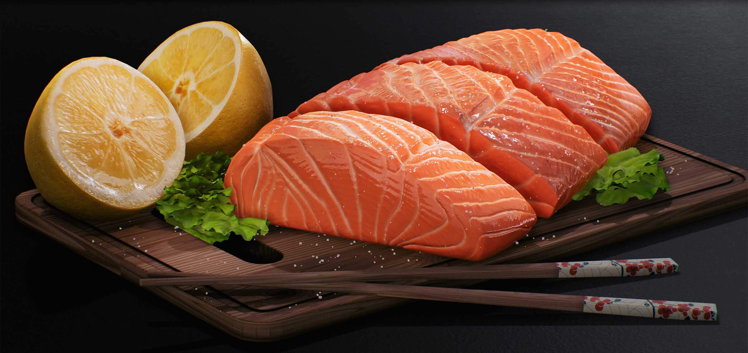 Sushi and cut lemons on a wooden chopping board.