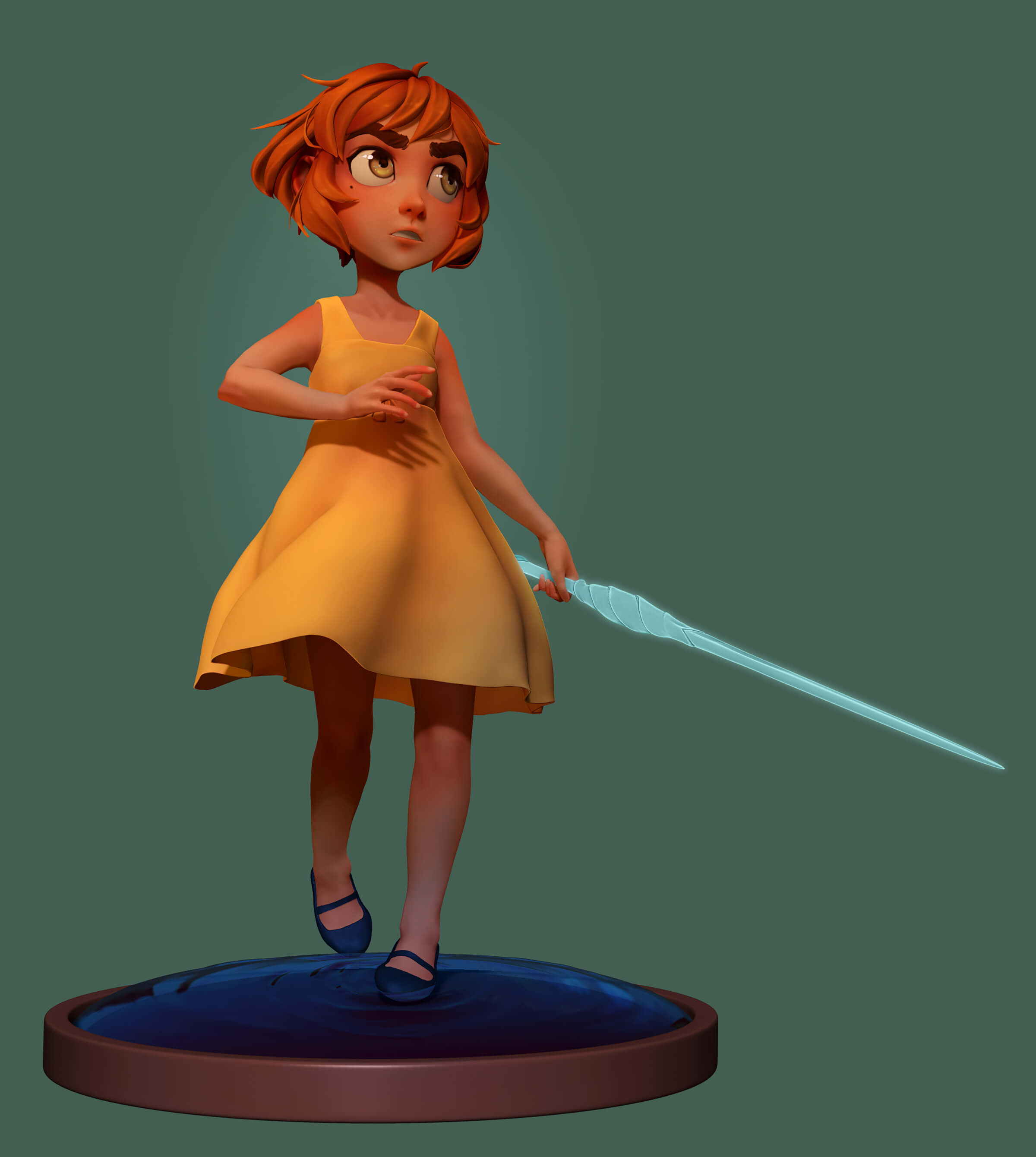 computer-generated 3D model of a small, red-headed girl in a yellow dress carrying a crystal sword