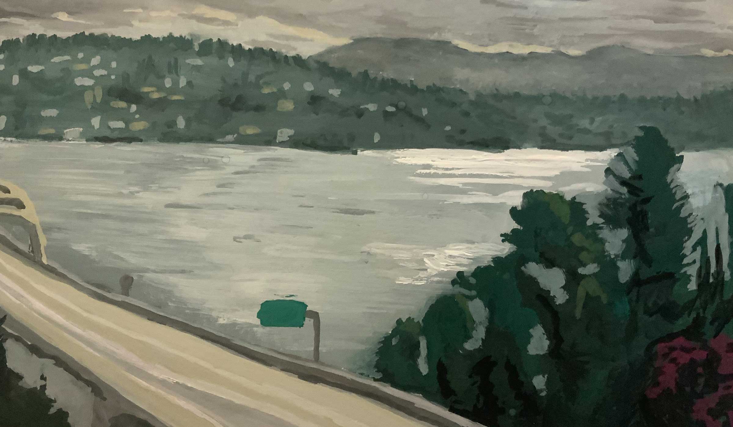 A painting of a highway over a large river.