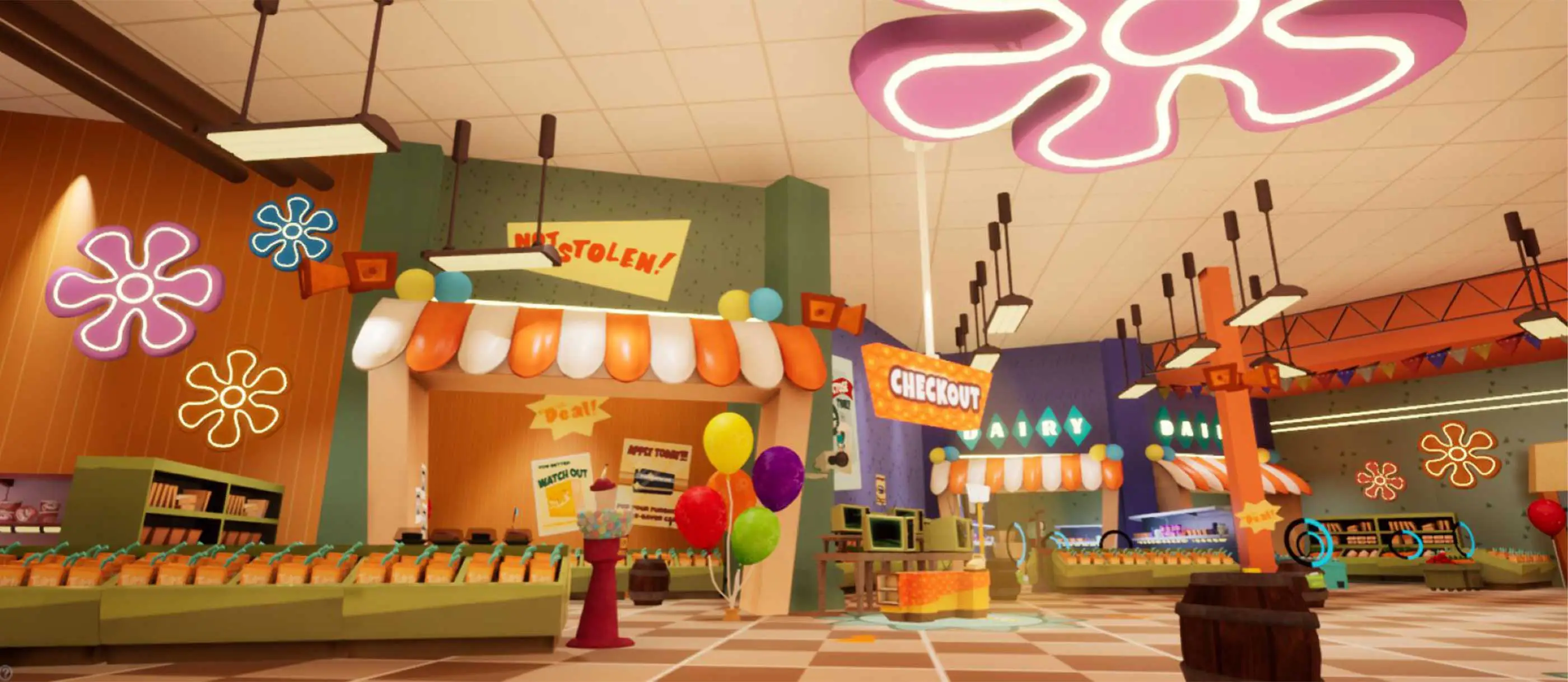A 3D render of a cartoonish supermarket.