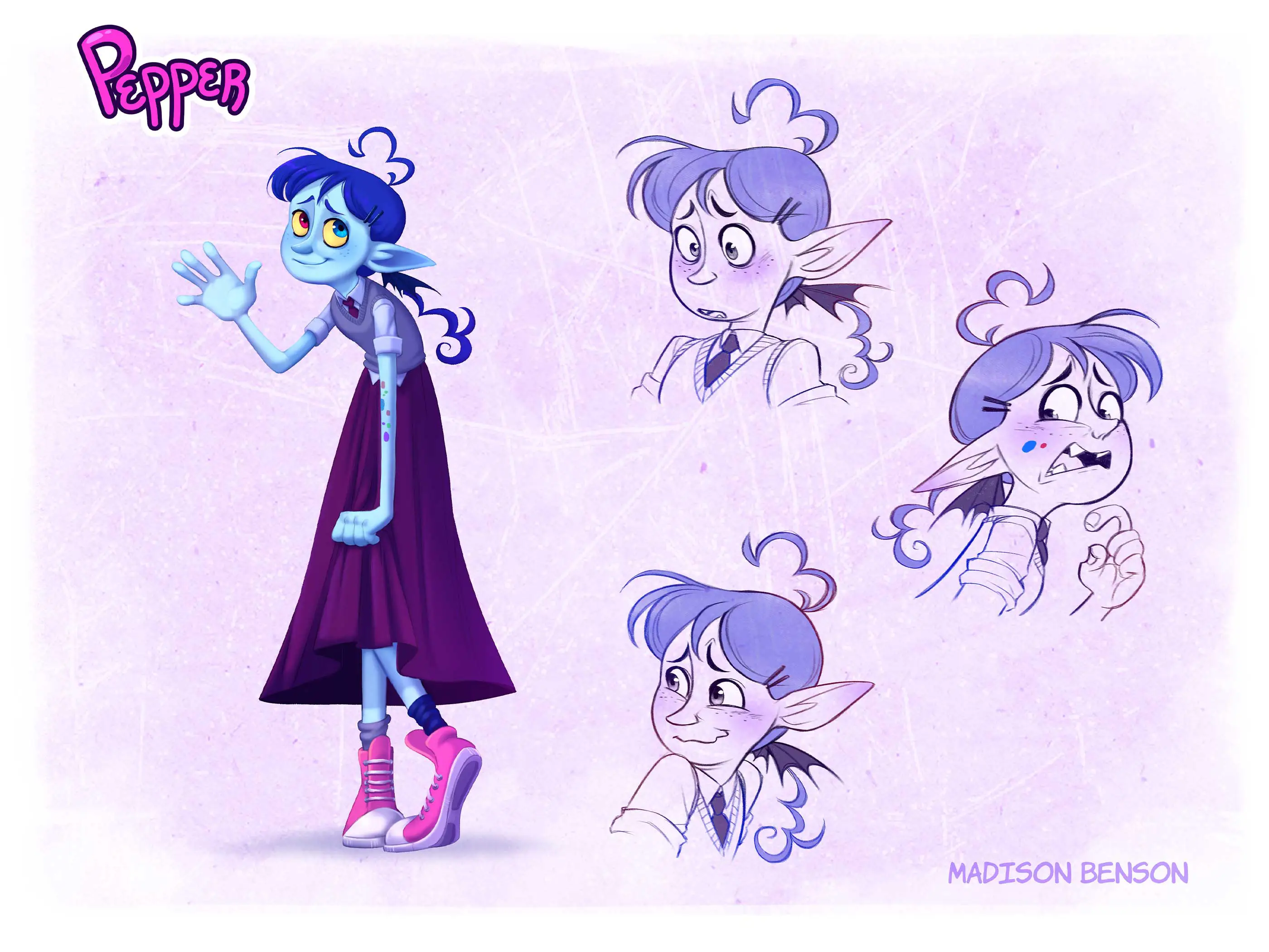A drawing with multiple expressions of a blue elf-like girl.