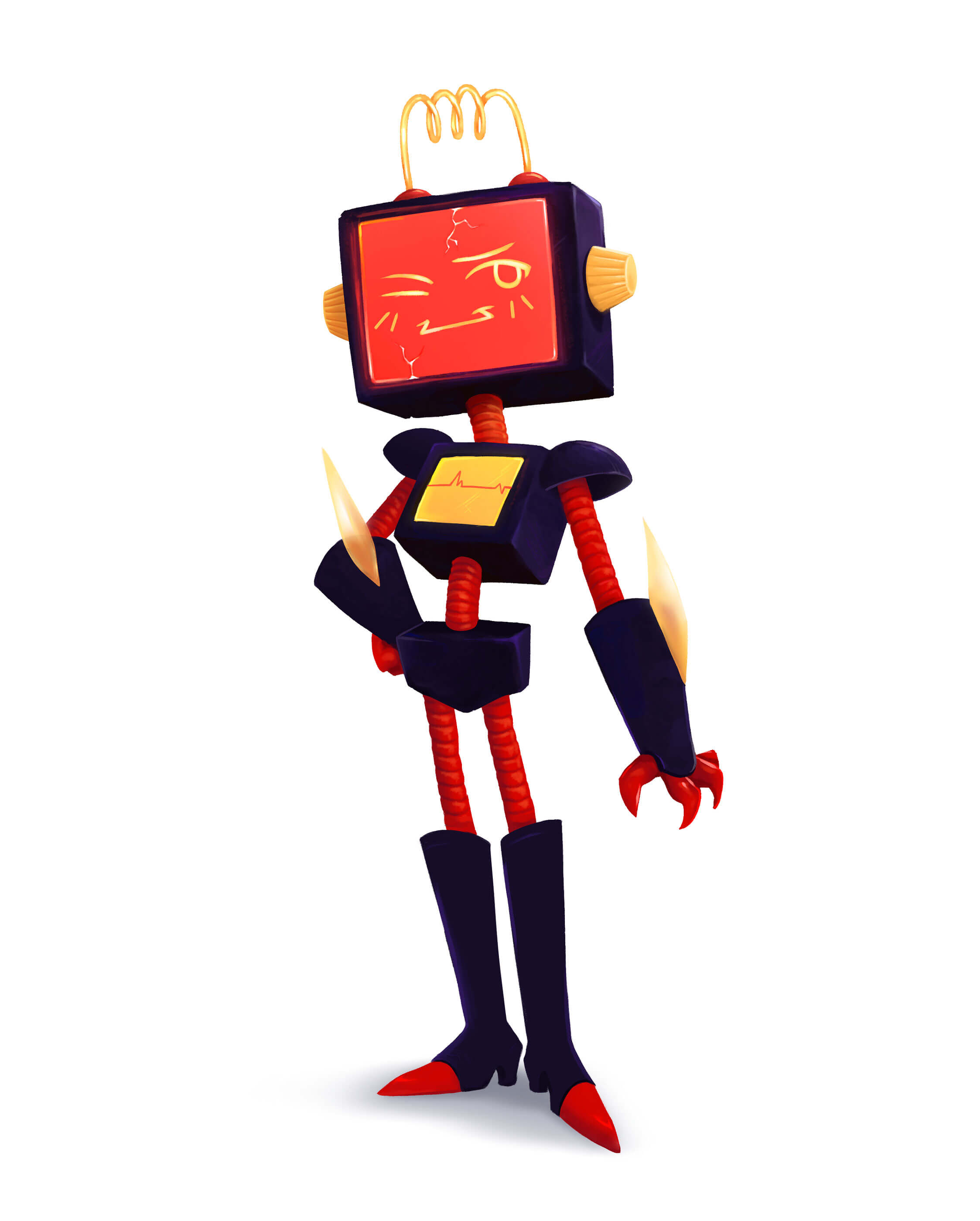 A red, robot character with a tv for a head winks.