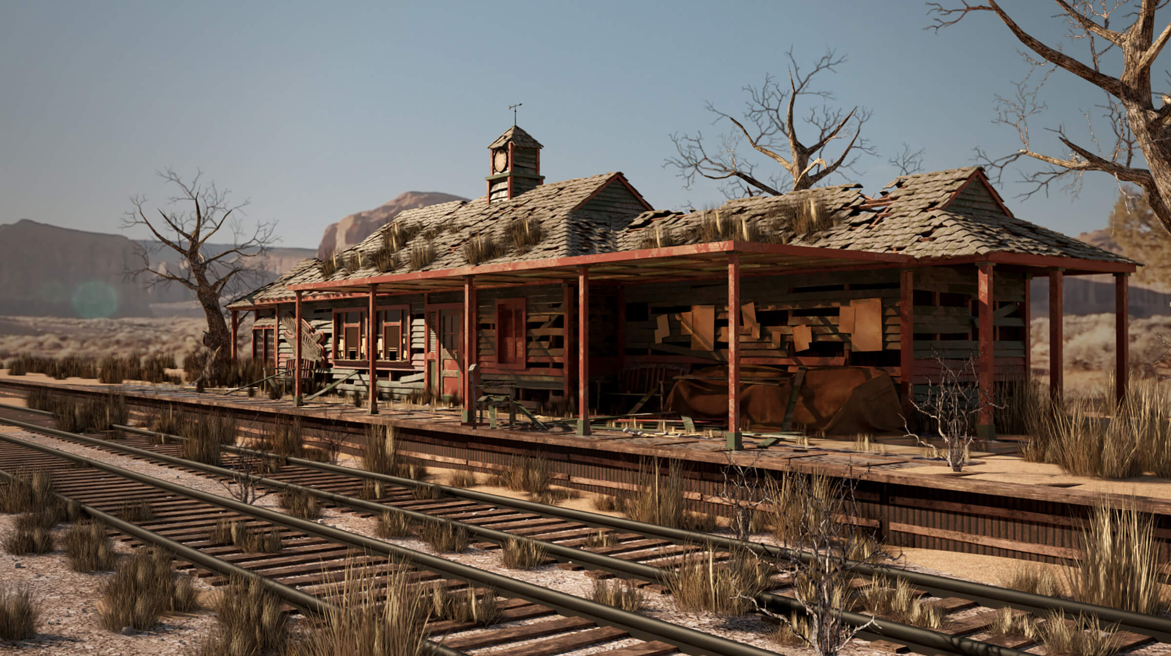An abandoned train station in the desert