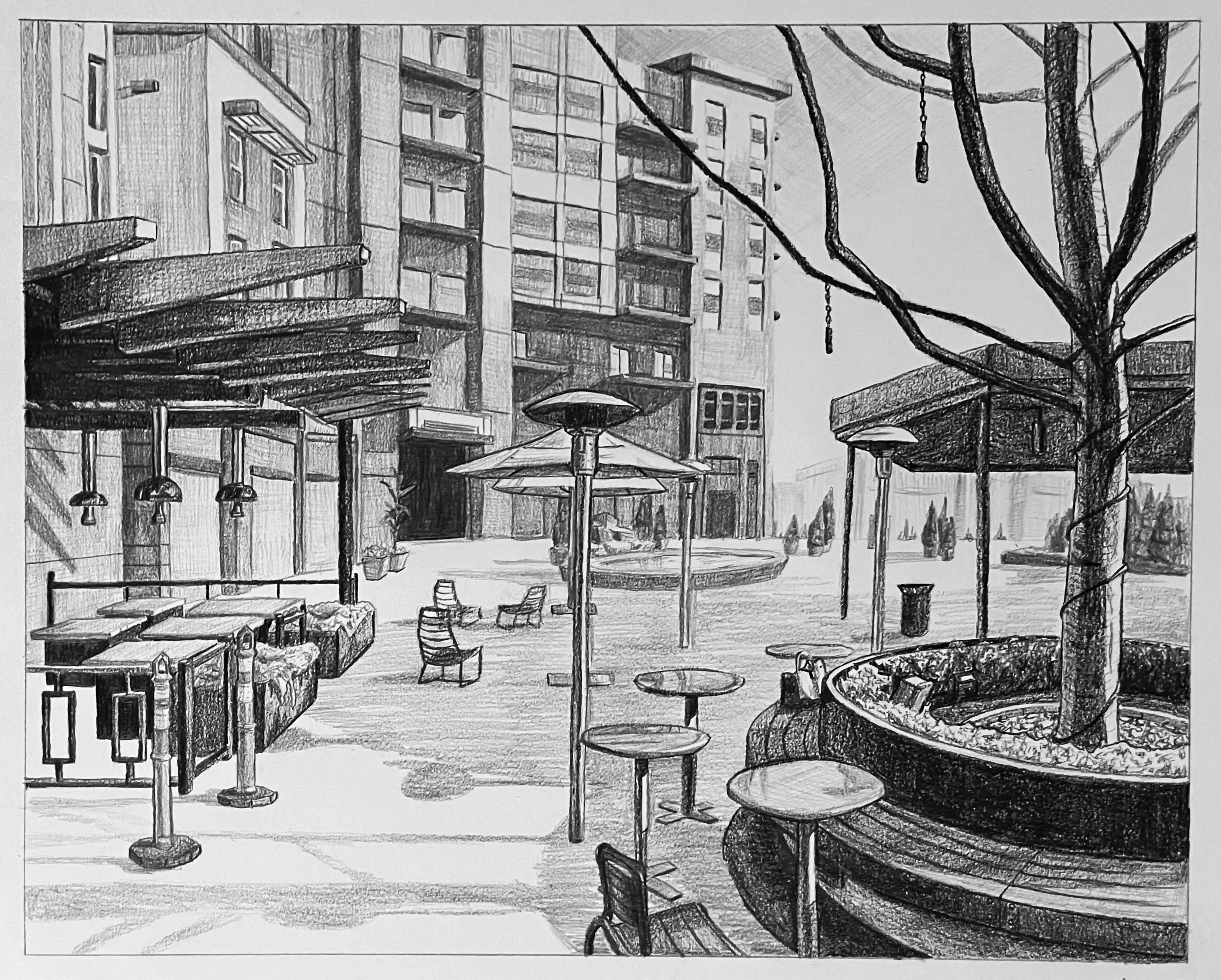 A drawing of a plaza outside of a building.