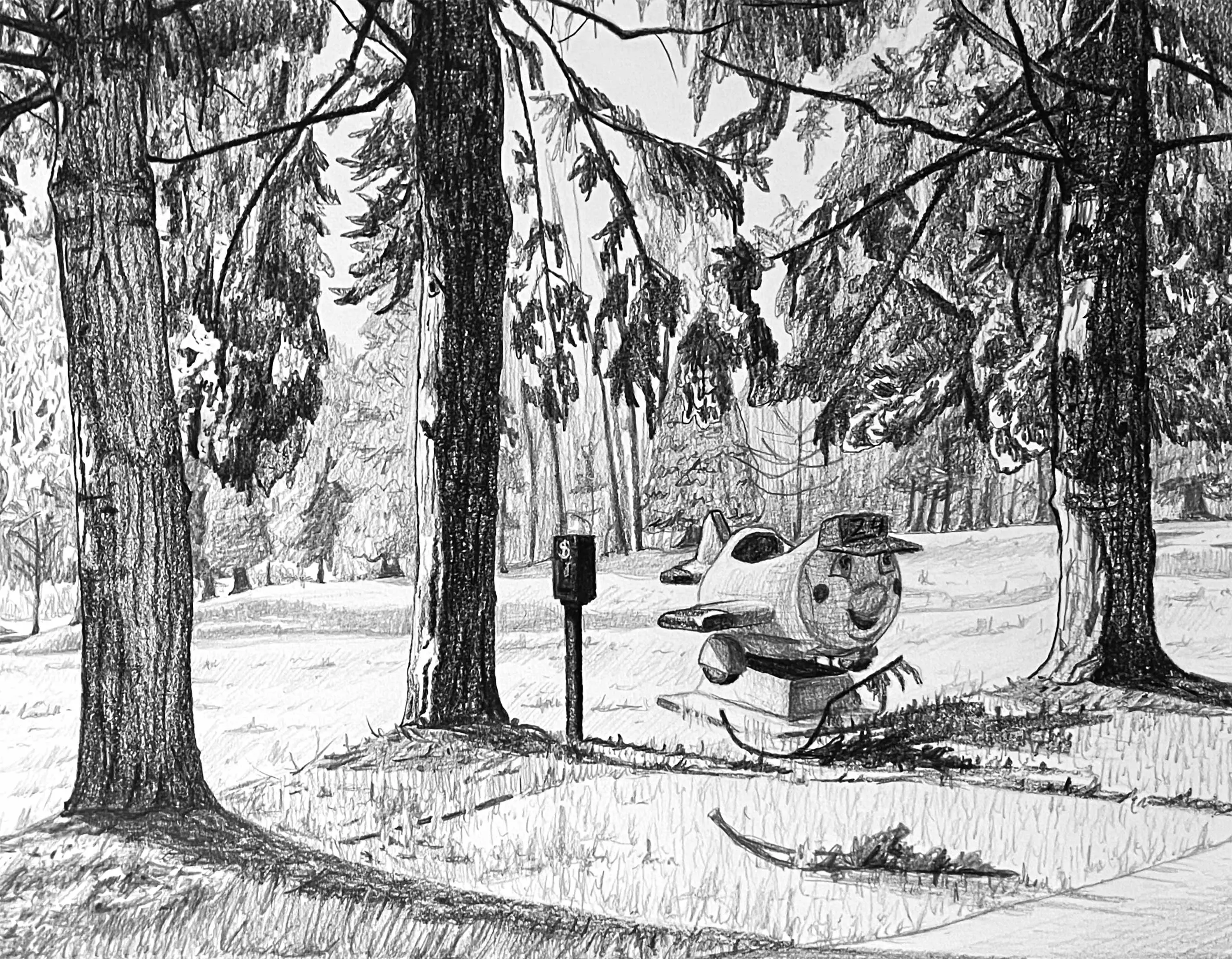 A drawing of a coin operated ride in the middle of the forest.