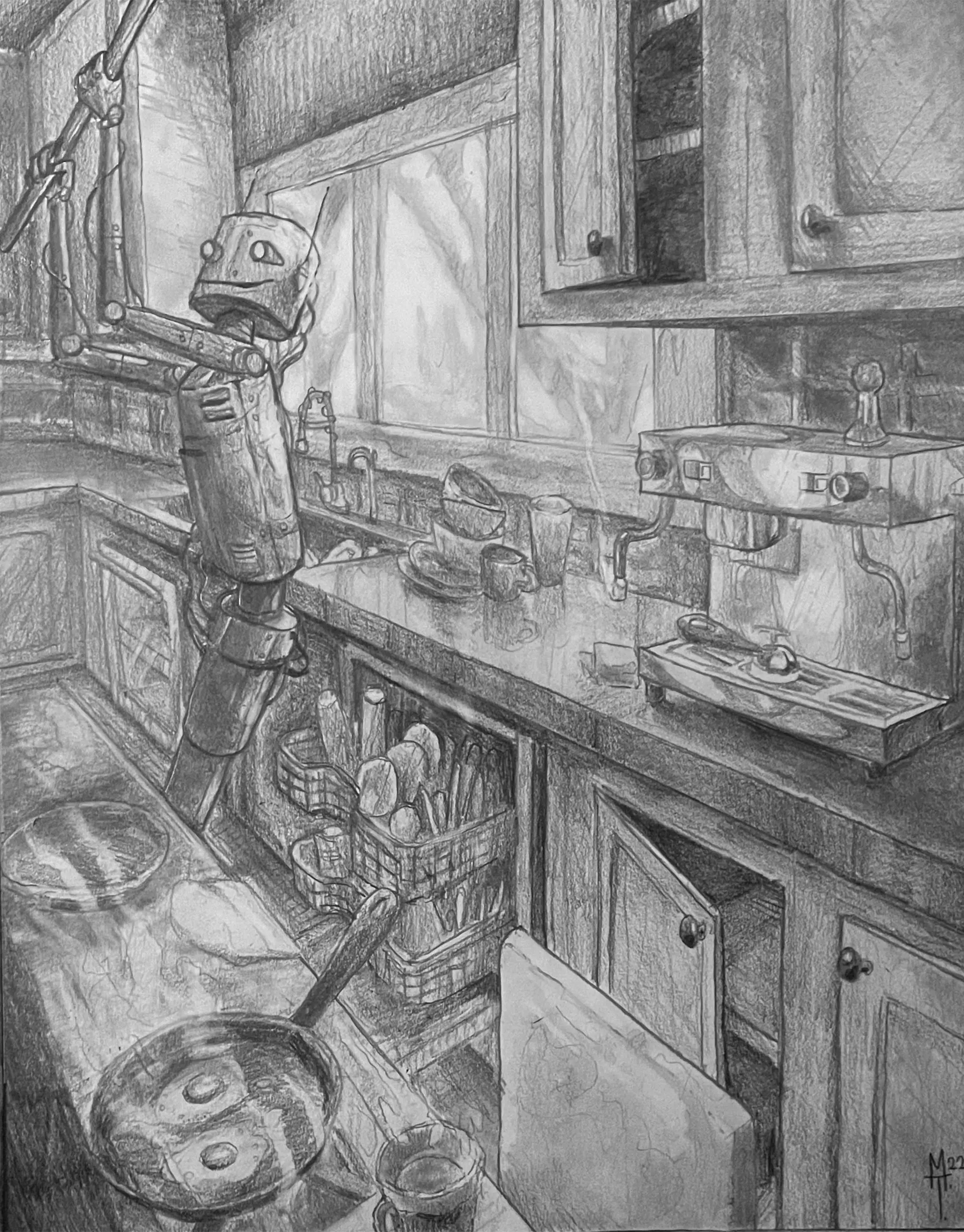A drawing of a house's kitchen with a robot preforming chores.