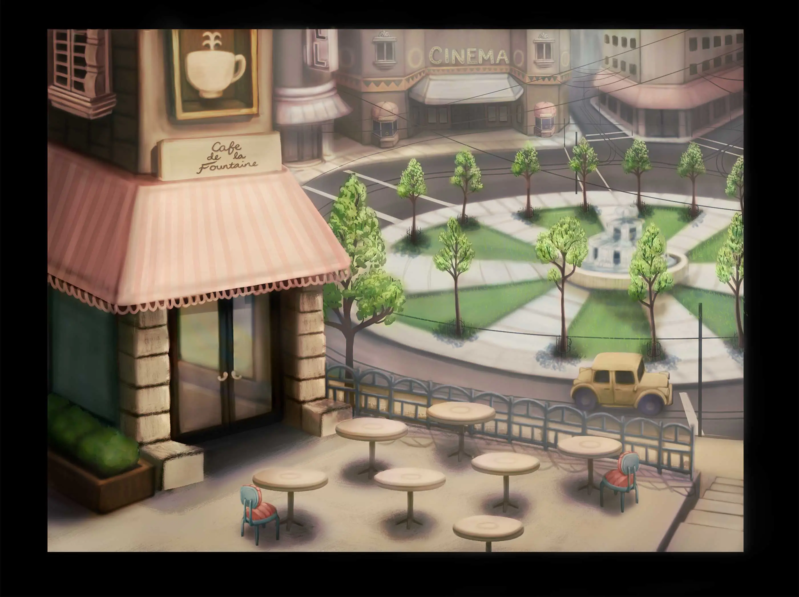 A painting of a coffee shop beside a roundabout.
