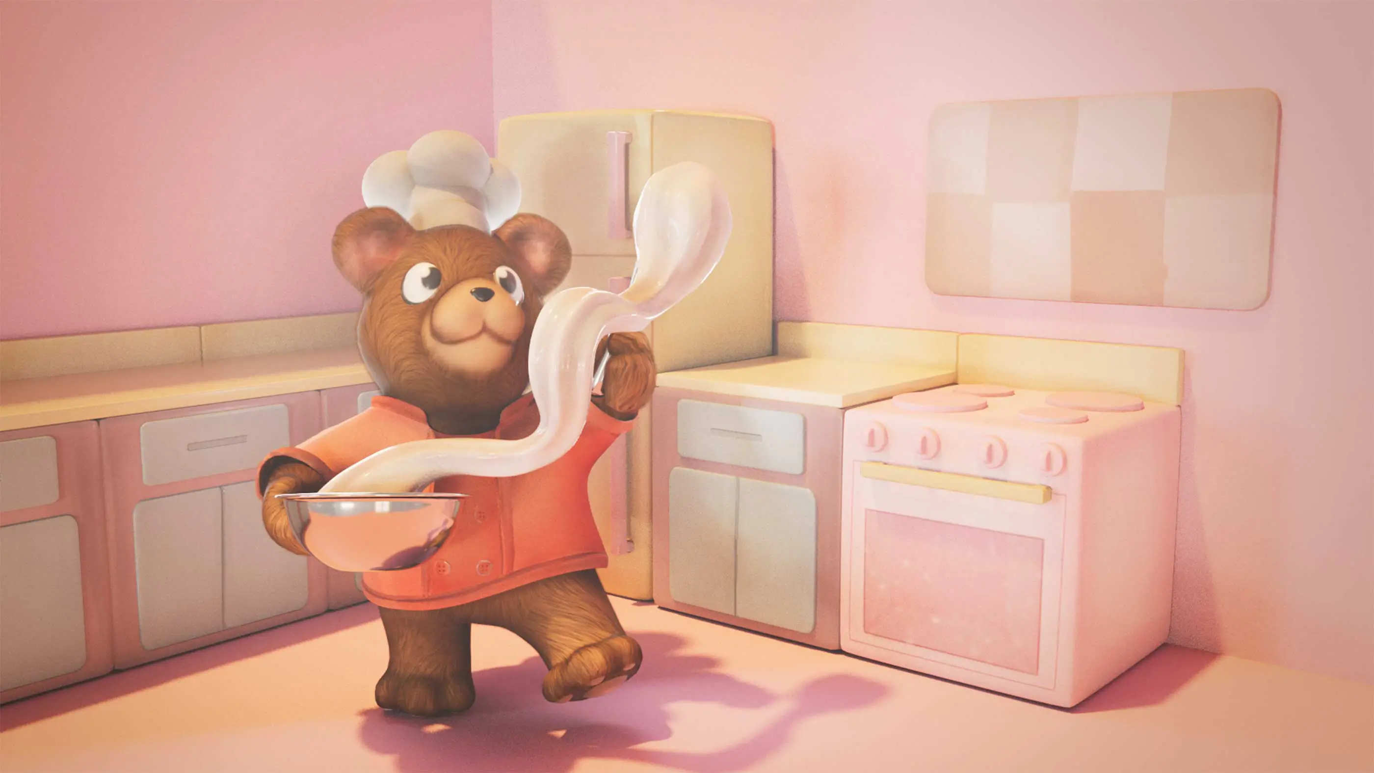 A 3D model of a bear in a kitchen with a chef hat.