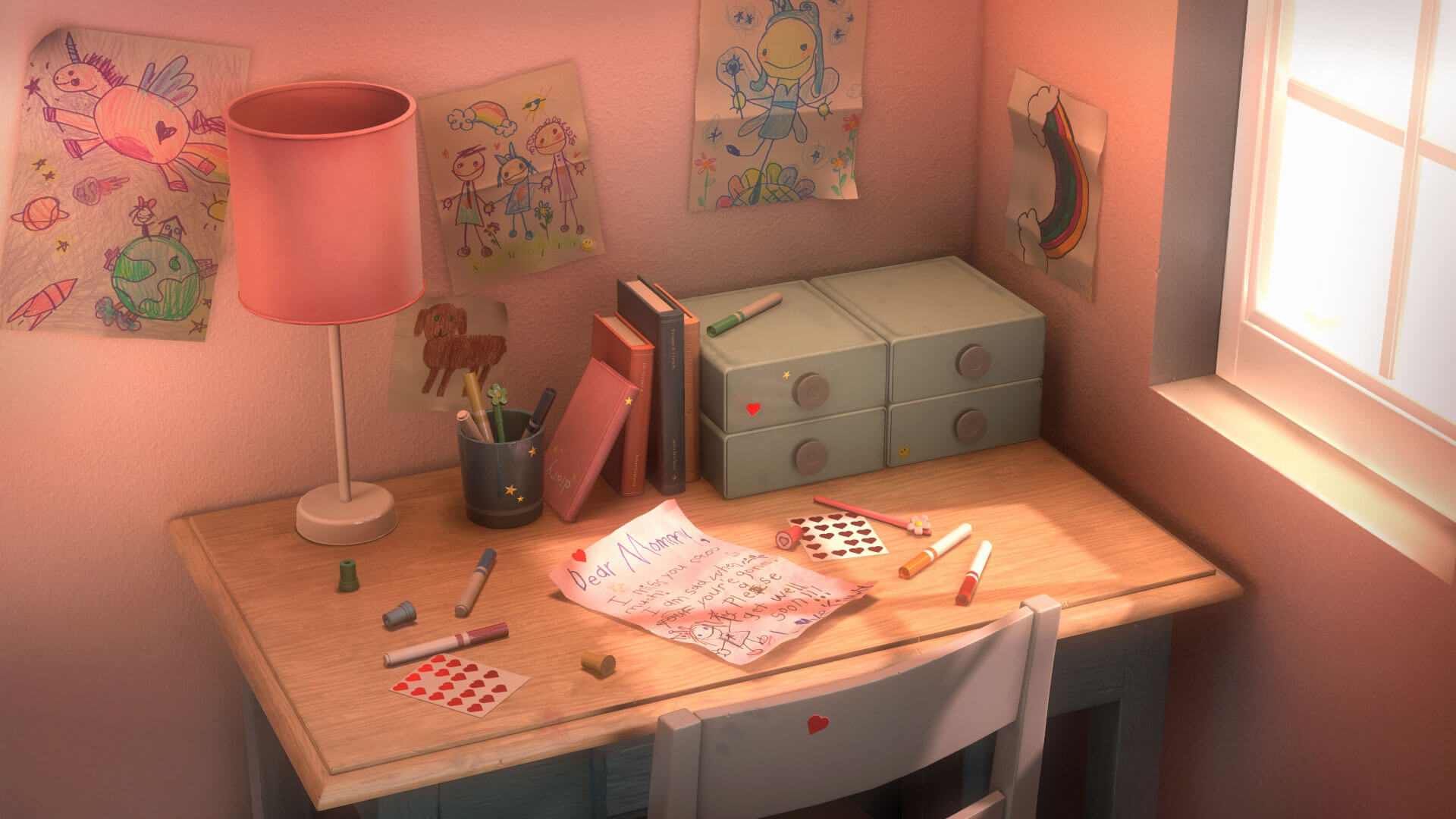 A desk in a children's room containing a handwritten to a mother.