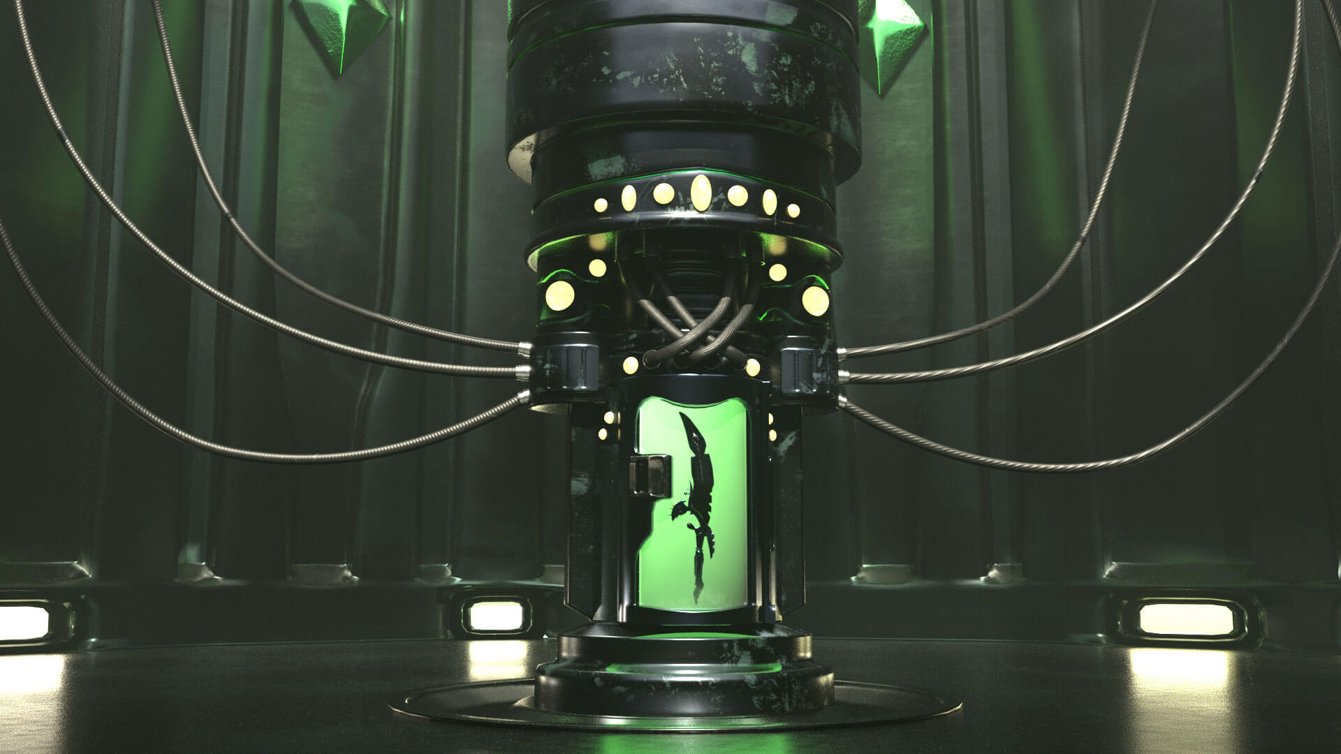 A green glowing capsule hooked up to a machine containing a sword.