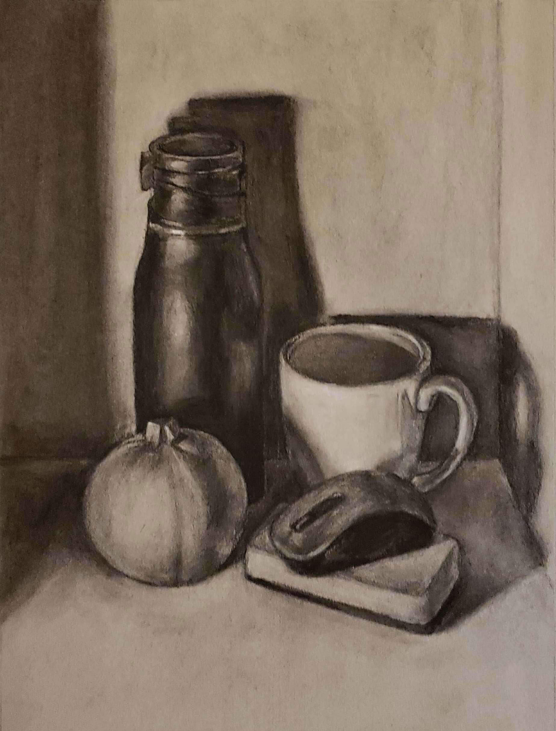 Sketch of a mug, thermos, computer mouse, small pumpkin, and eraser.