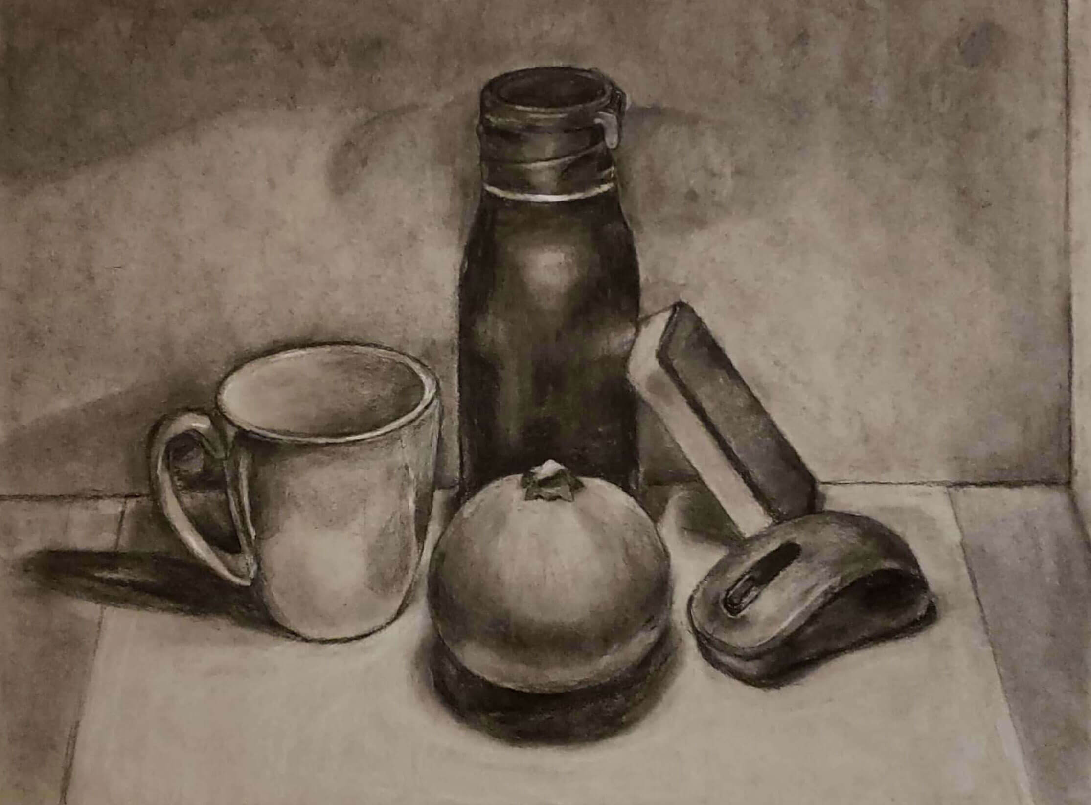 Sketch of a mug, thermos, computer mouse, small pumpkin, and eraser.