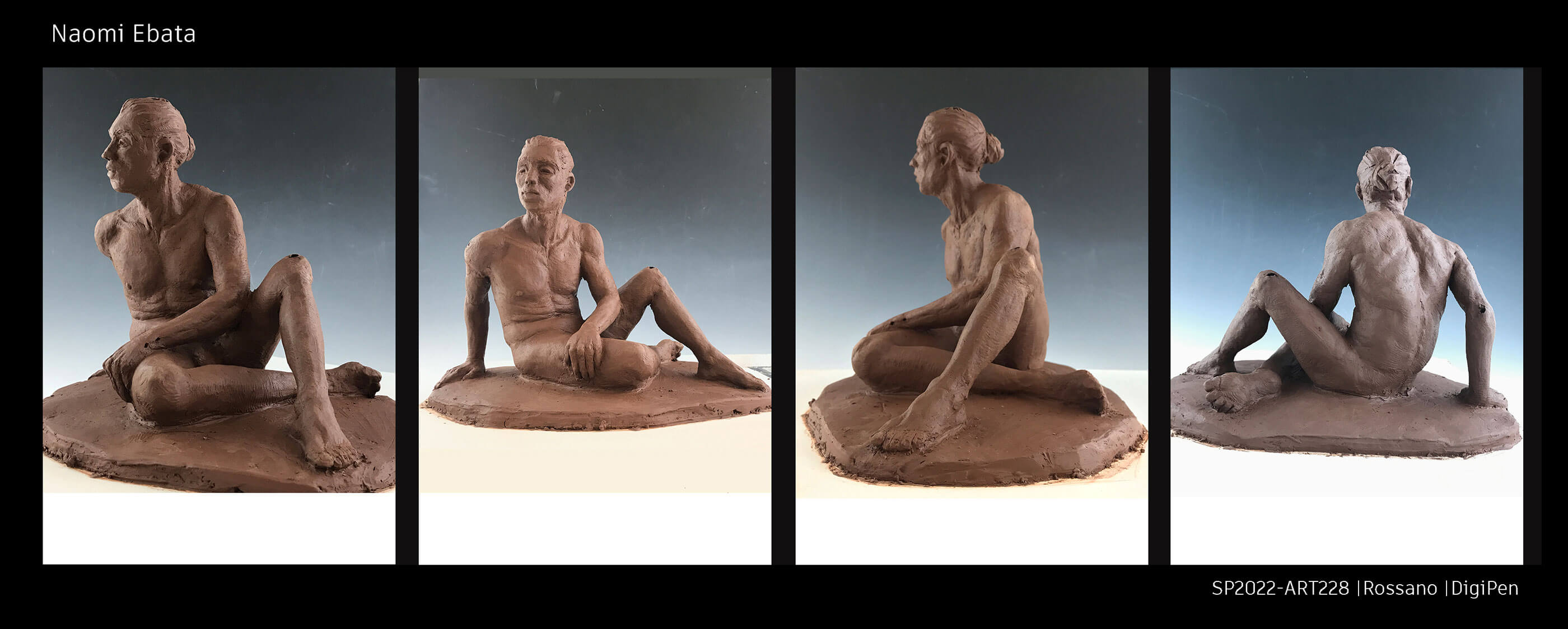 Clay model of a nude man sitting on the floor.