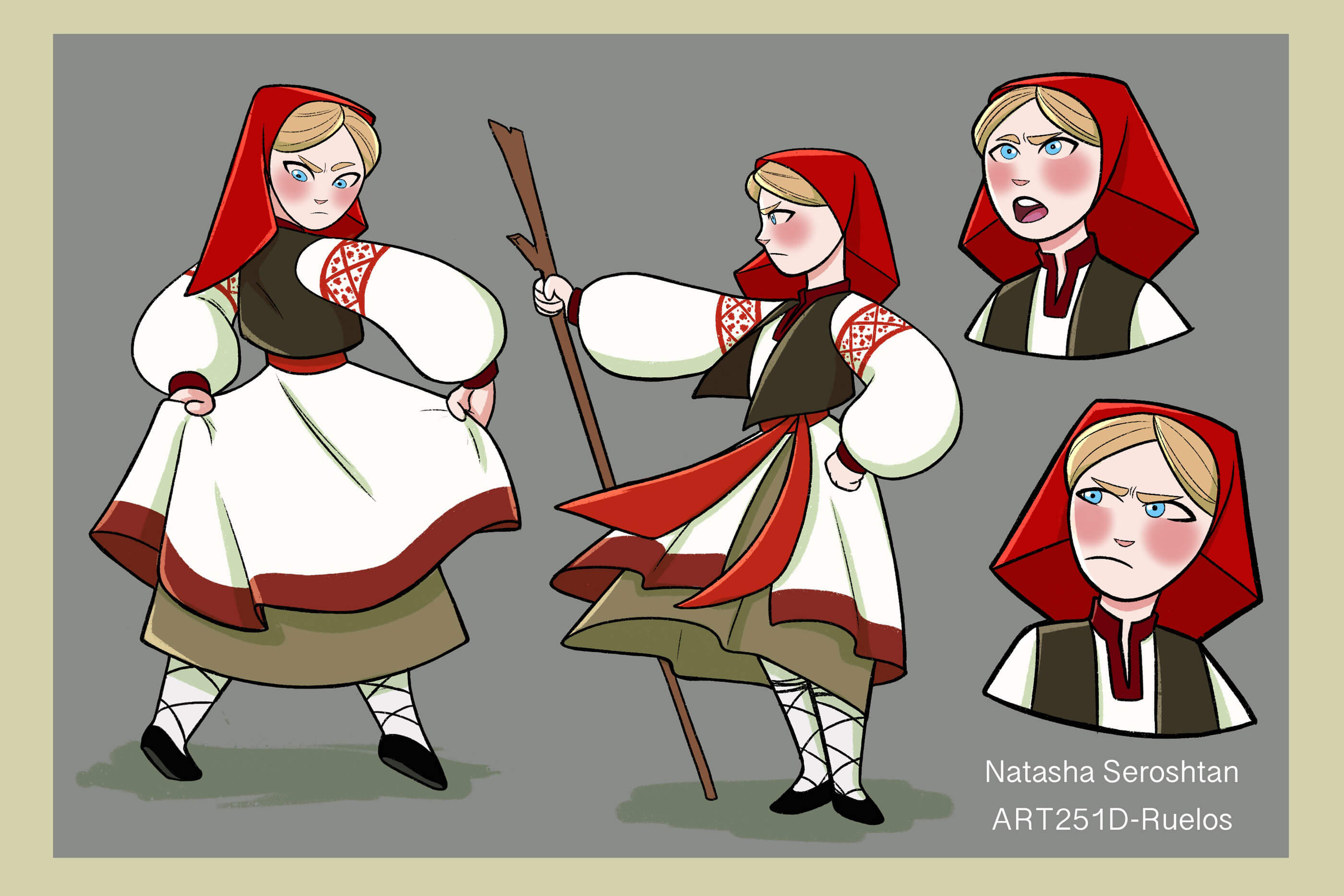 Character concept of an expressive woman wearing a red headscarf.