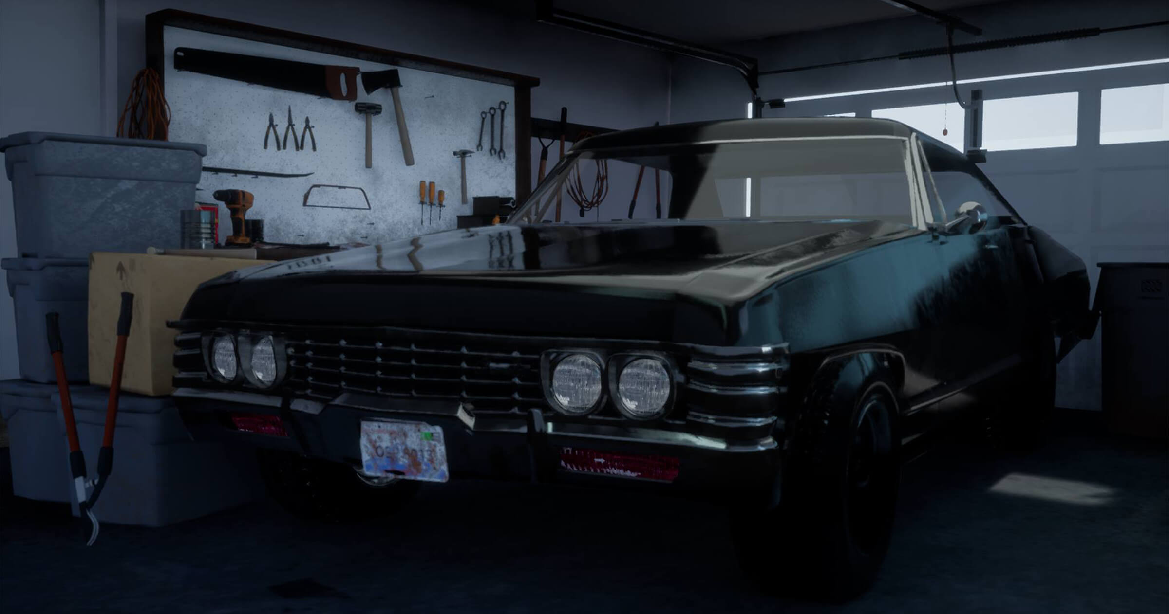 A muscle car in a closed home garage
