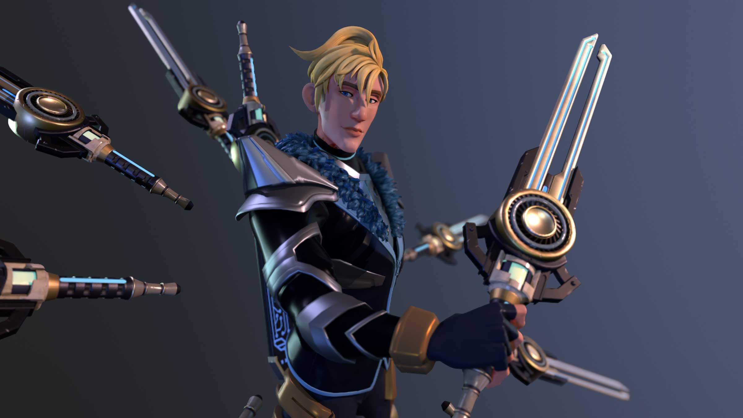 A blonde character wielding several mechanical swords.