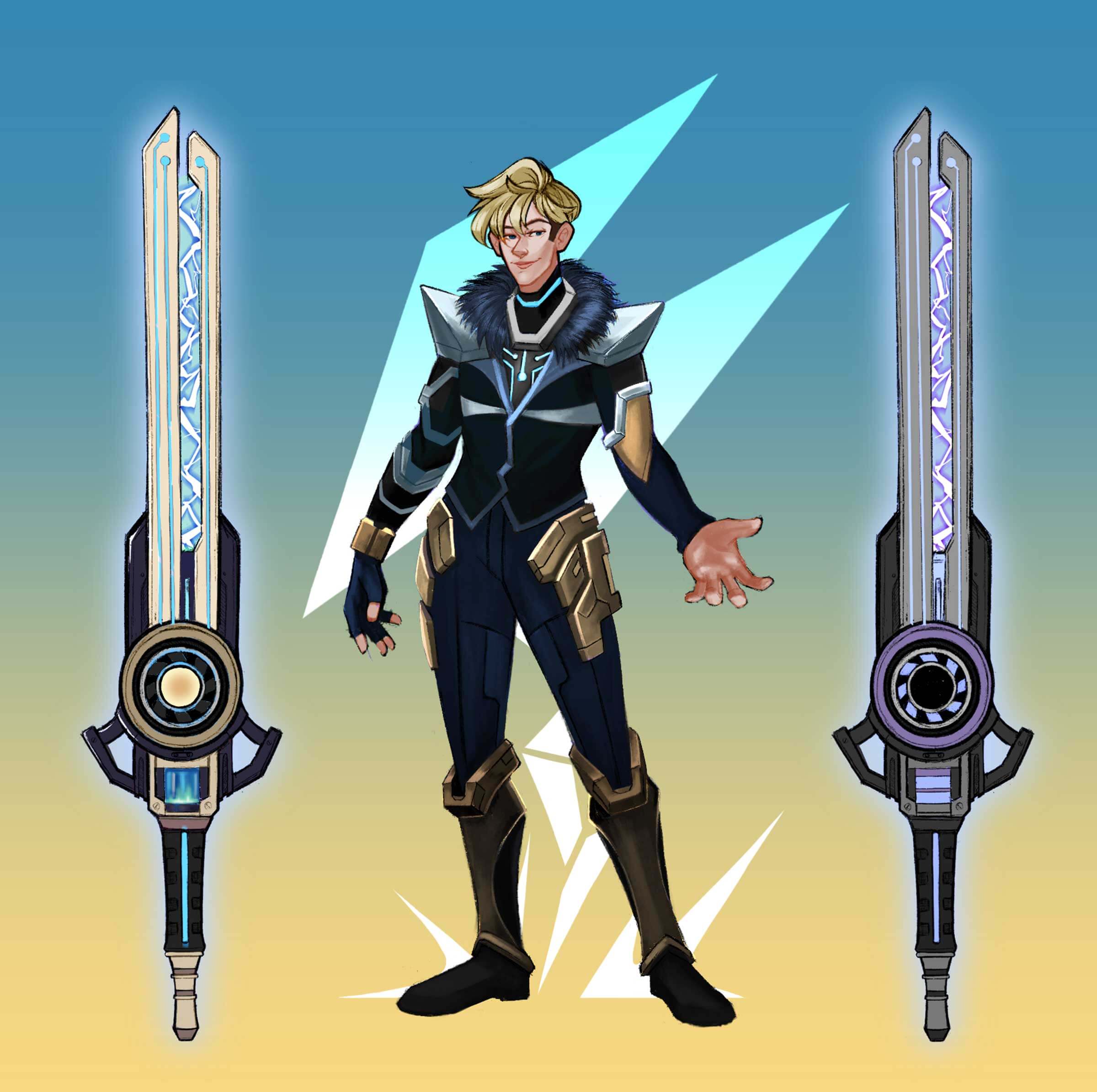 Art of a male character and his two swords.