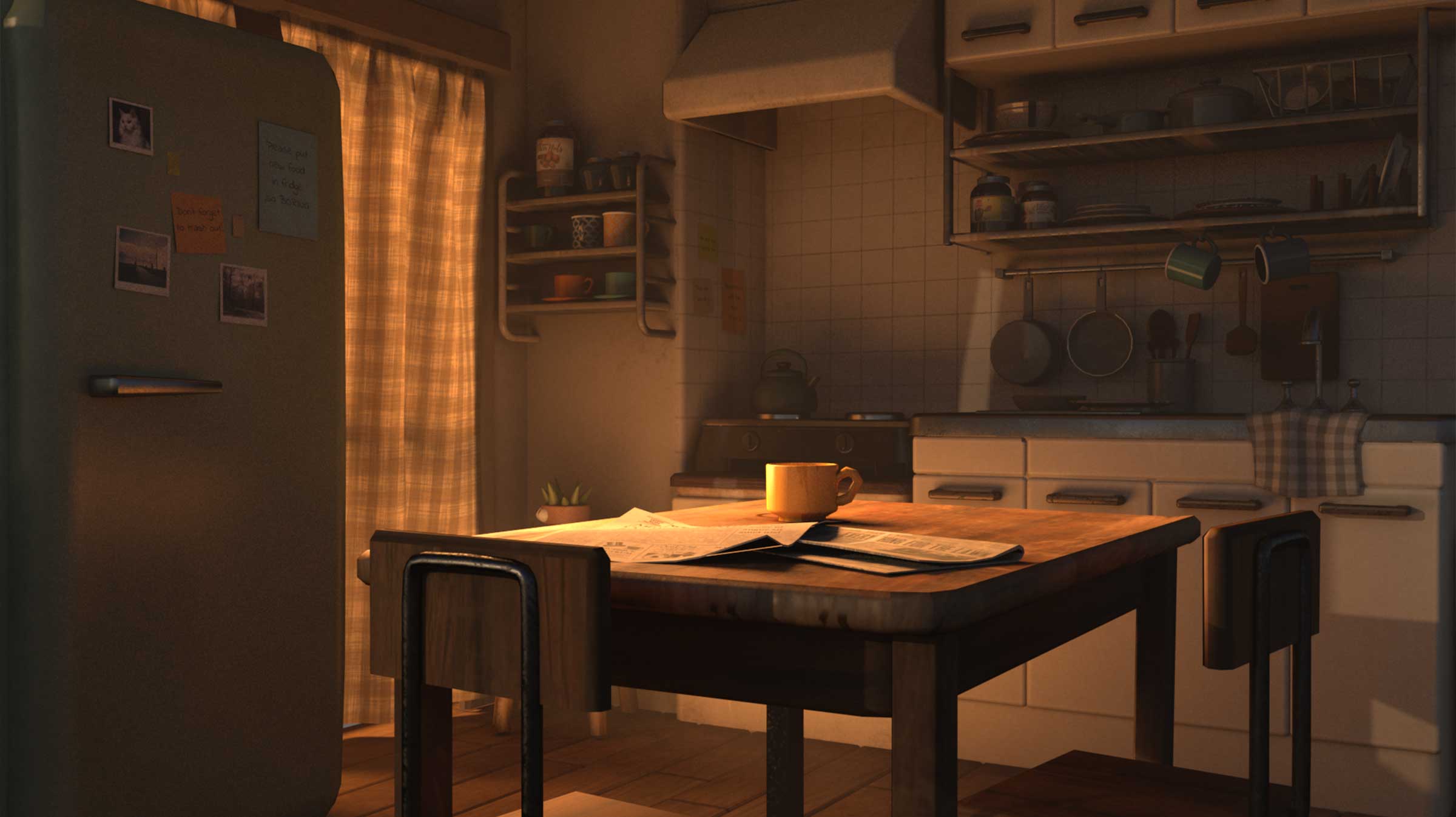 A dark kitchen with a refrigerator and newspaper on the table.