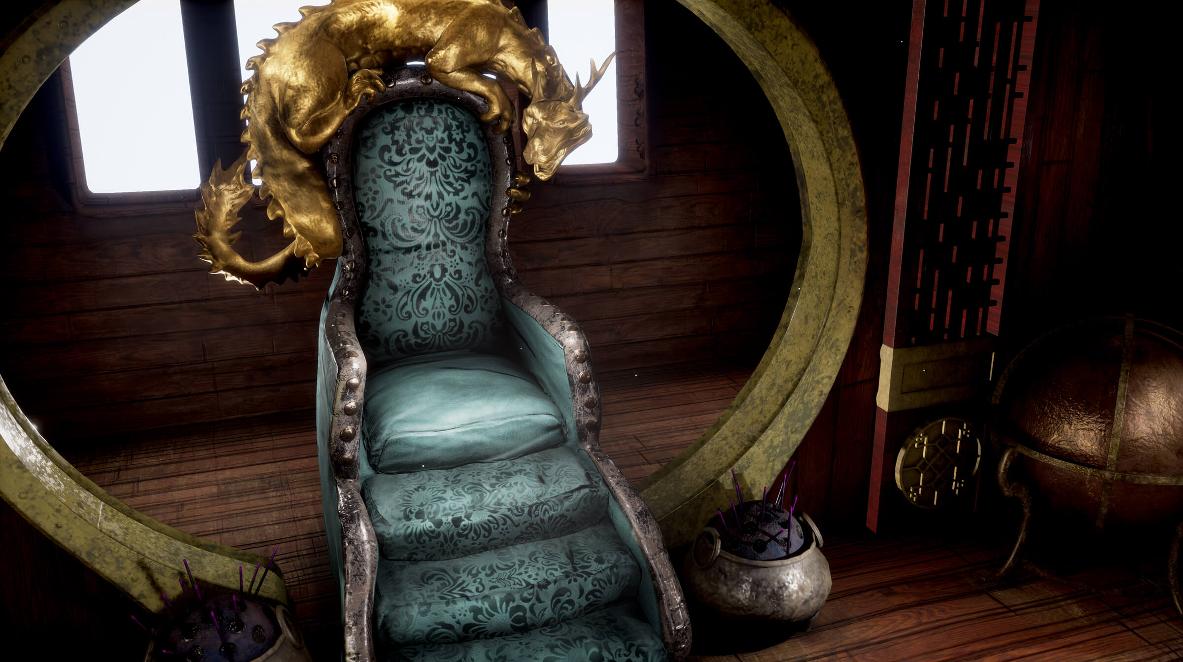 An upholstered throne with a dragon sculpture perched on top