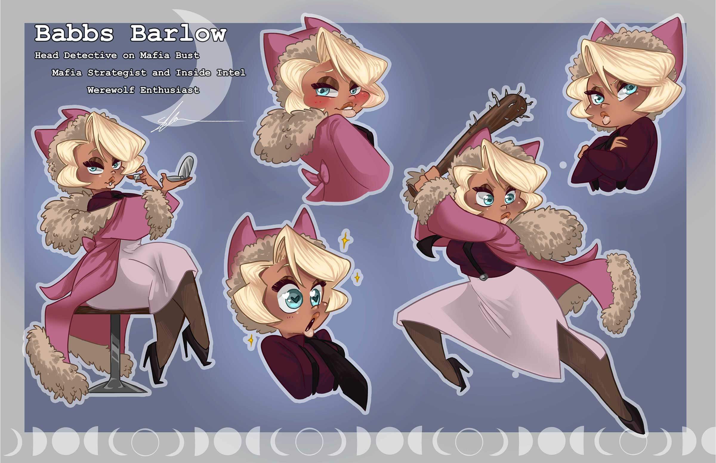 Character art of Babbs Barlow, a head detective and werewolf enthusiast. 