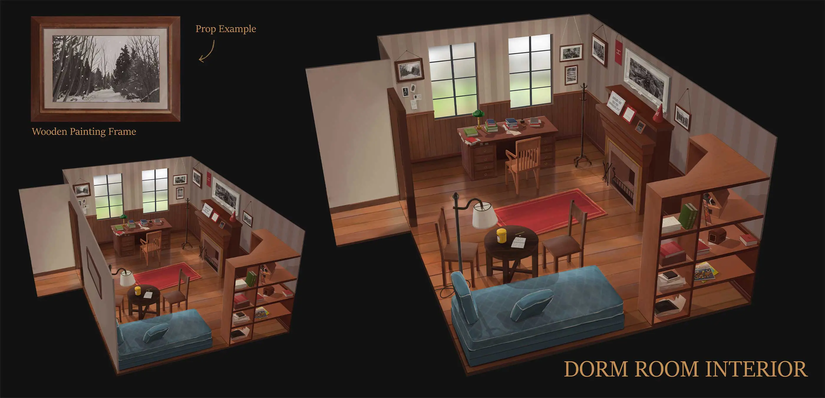 A diorama of a dorm room interior.