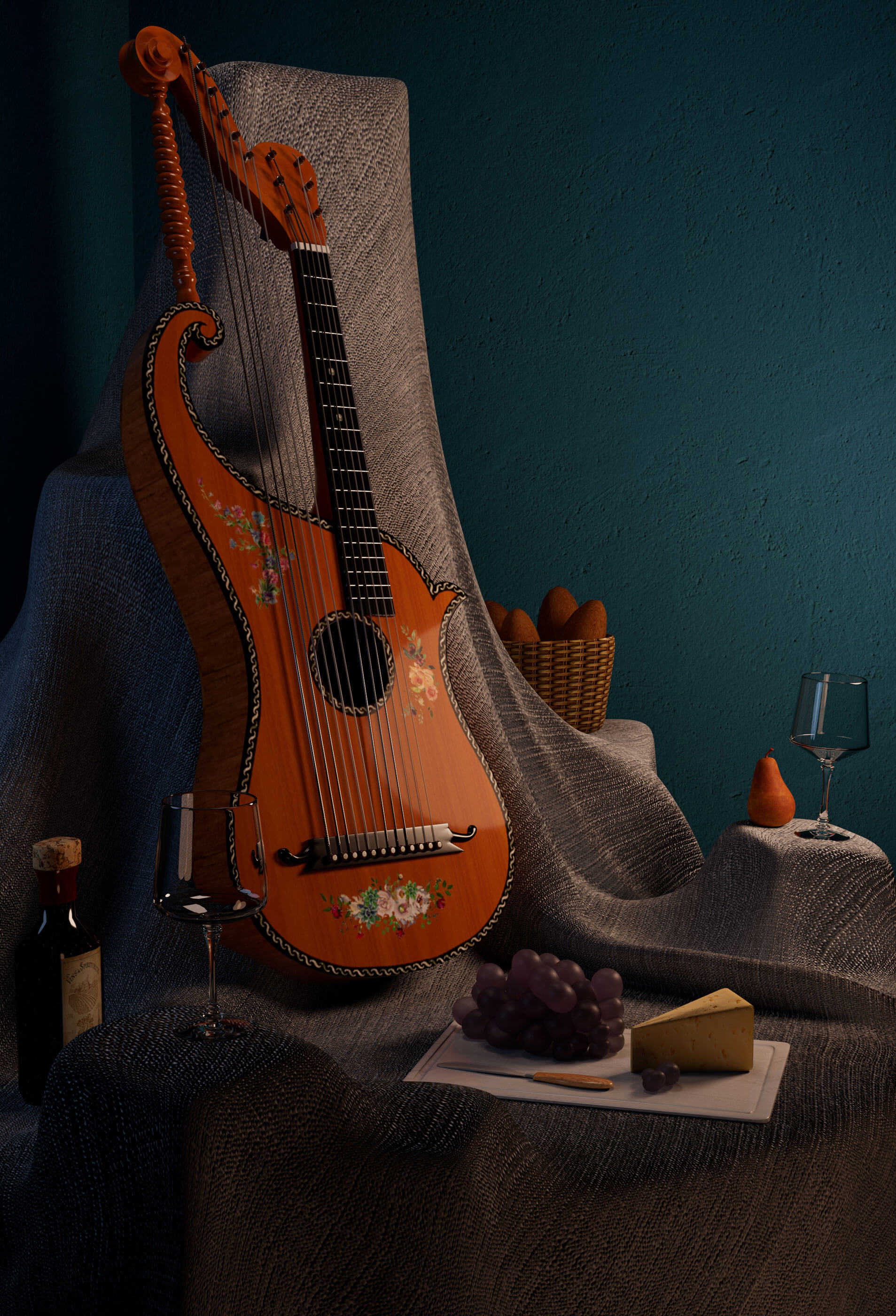 An intricate string instrument on a covered chair with food and wine.