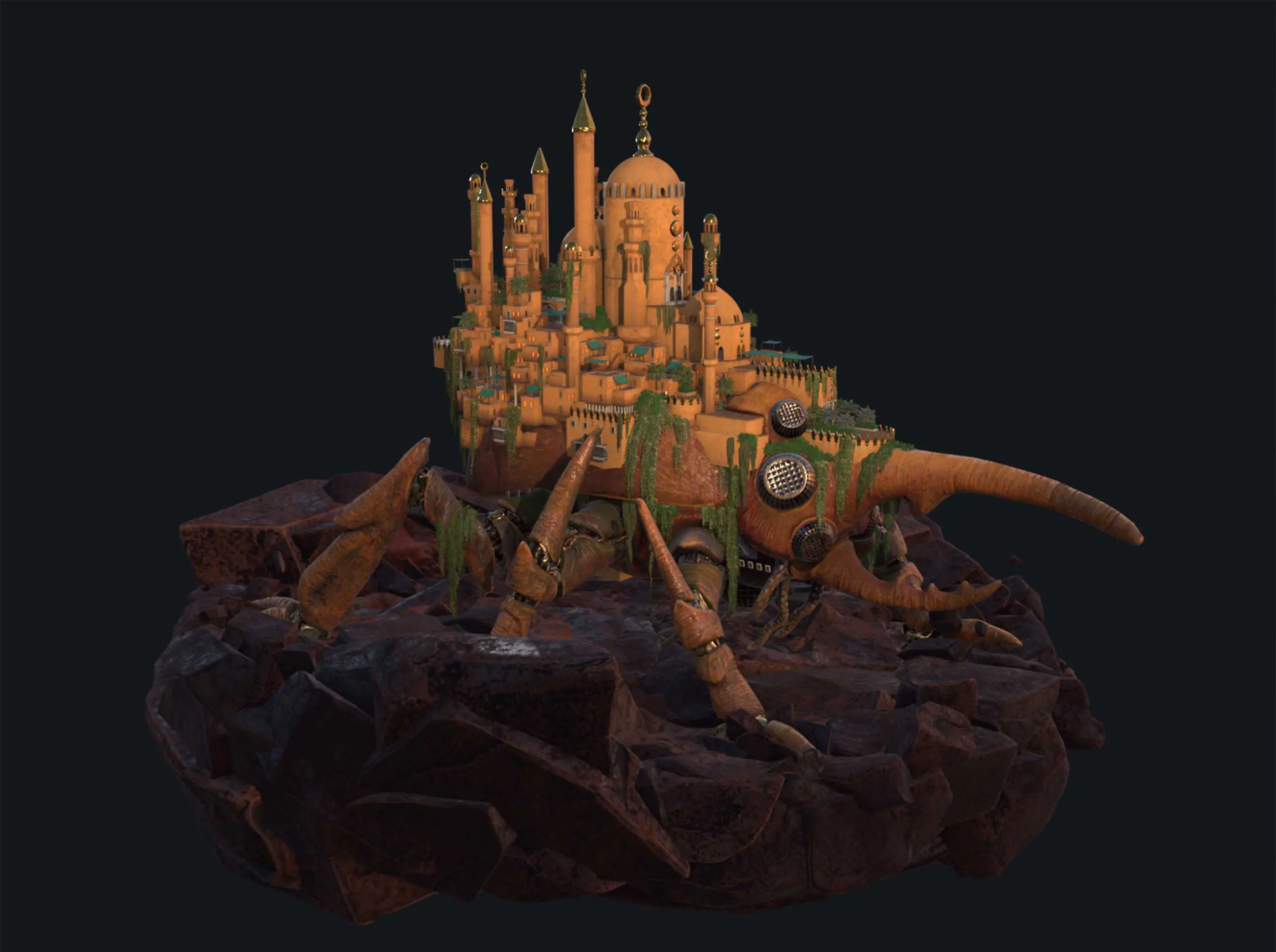 A 3D render of a city atop a large beetle-like construction.