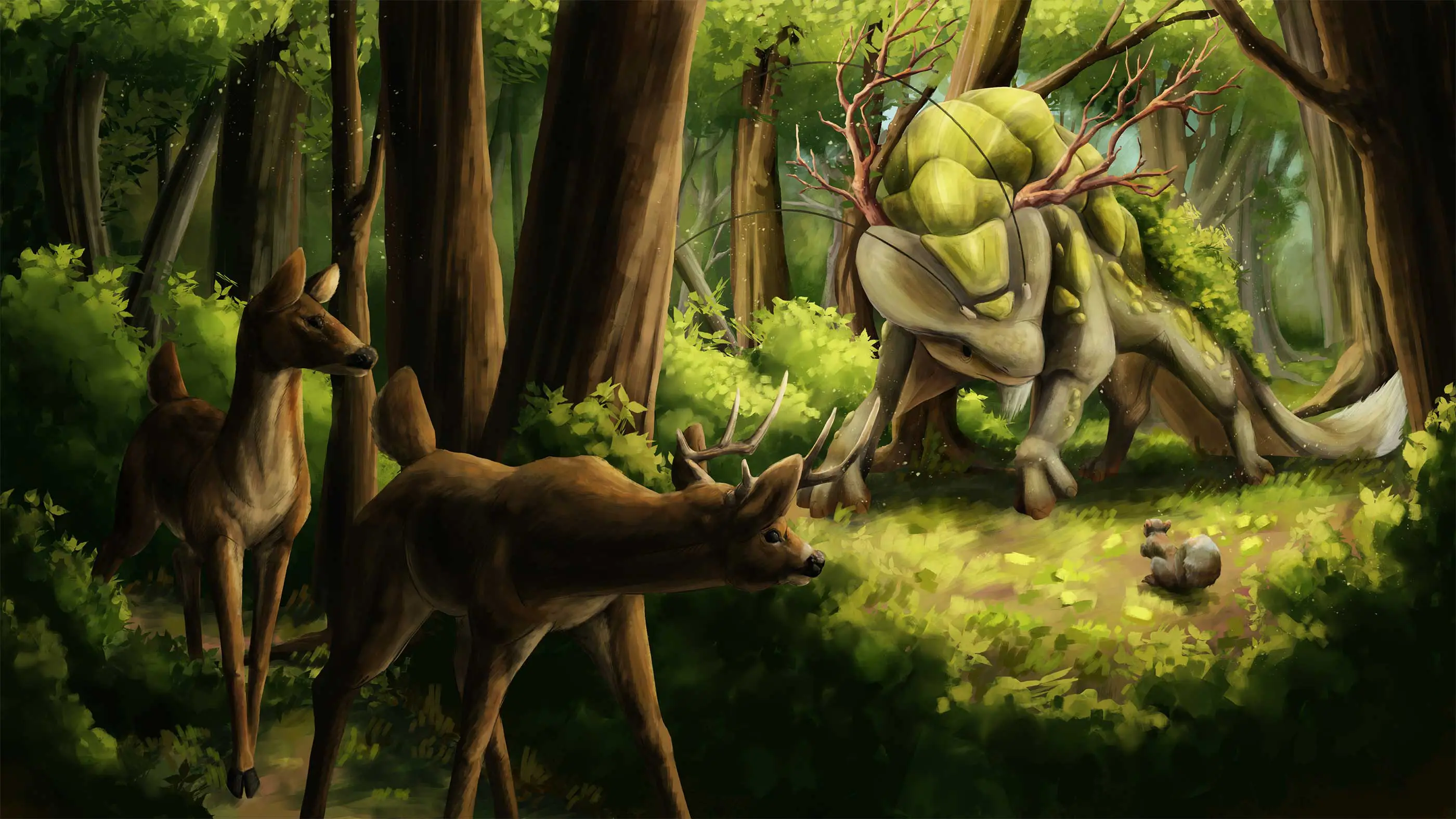A painting of deer investigating a large dinosaur-like creature.