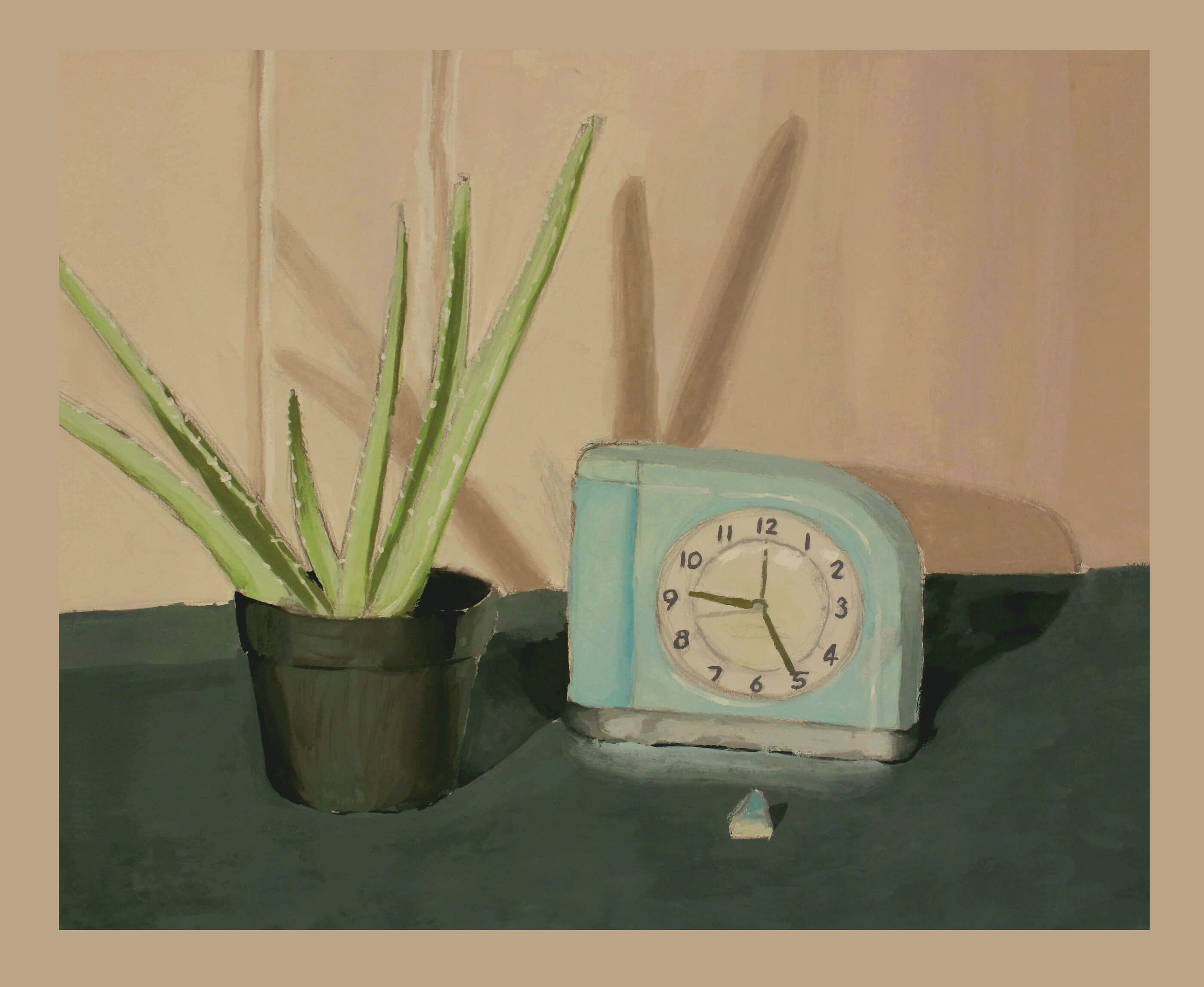 Painting of a potted cactus next to a clock.