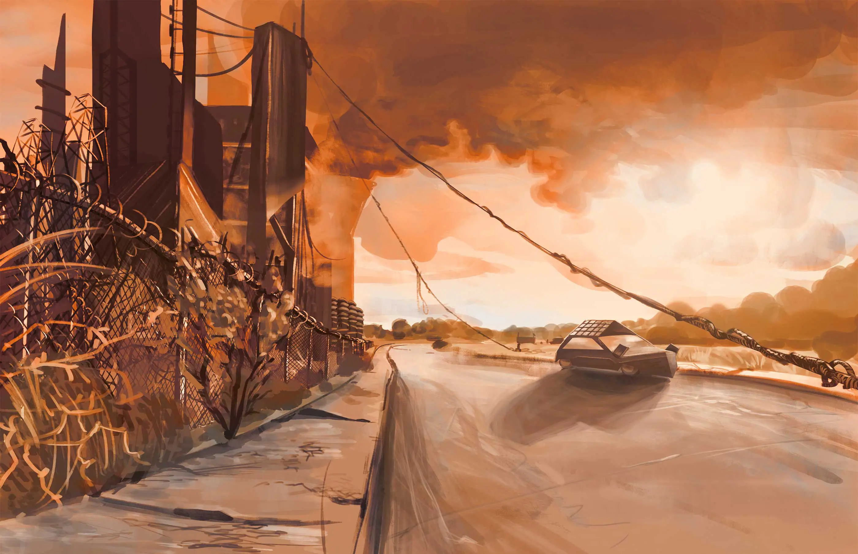 A painting of a road right outside of a futuristic power station.