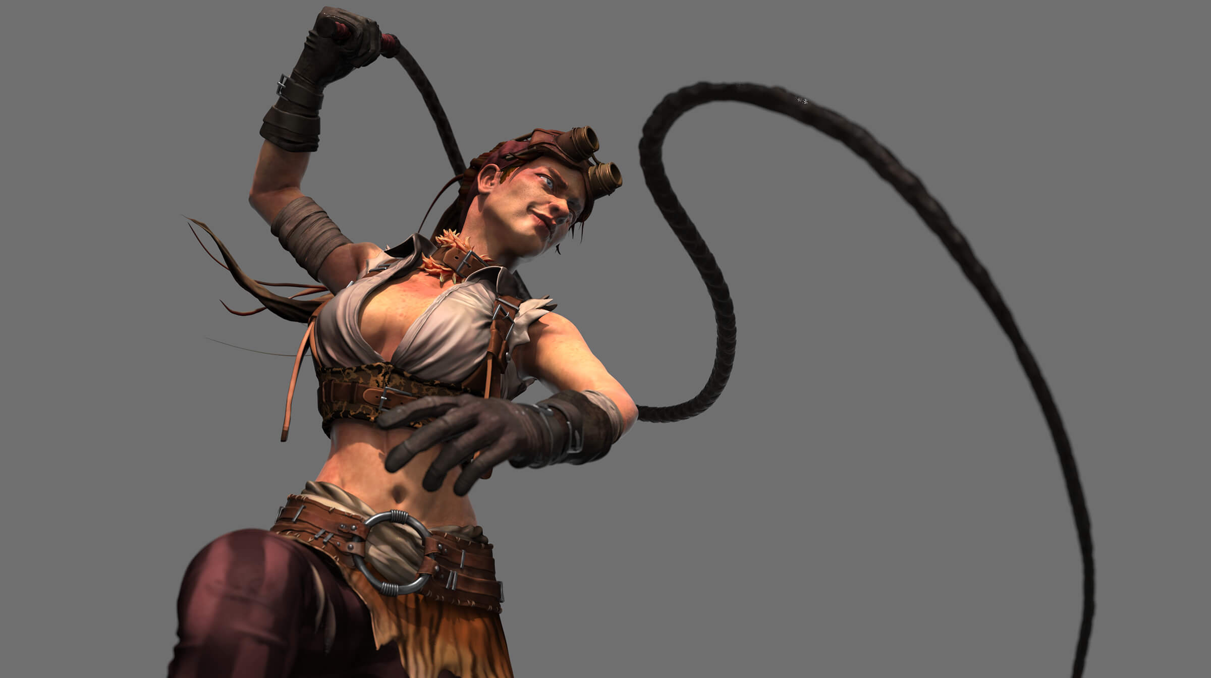 A woman wearing goggles and gloves, brandishing a whip