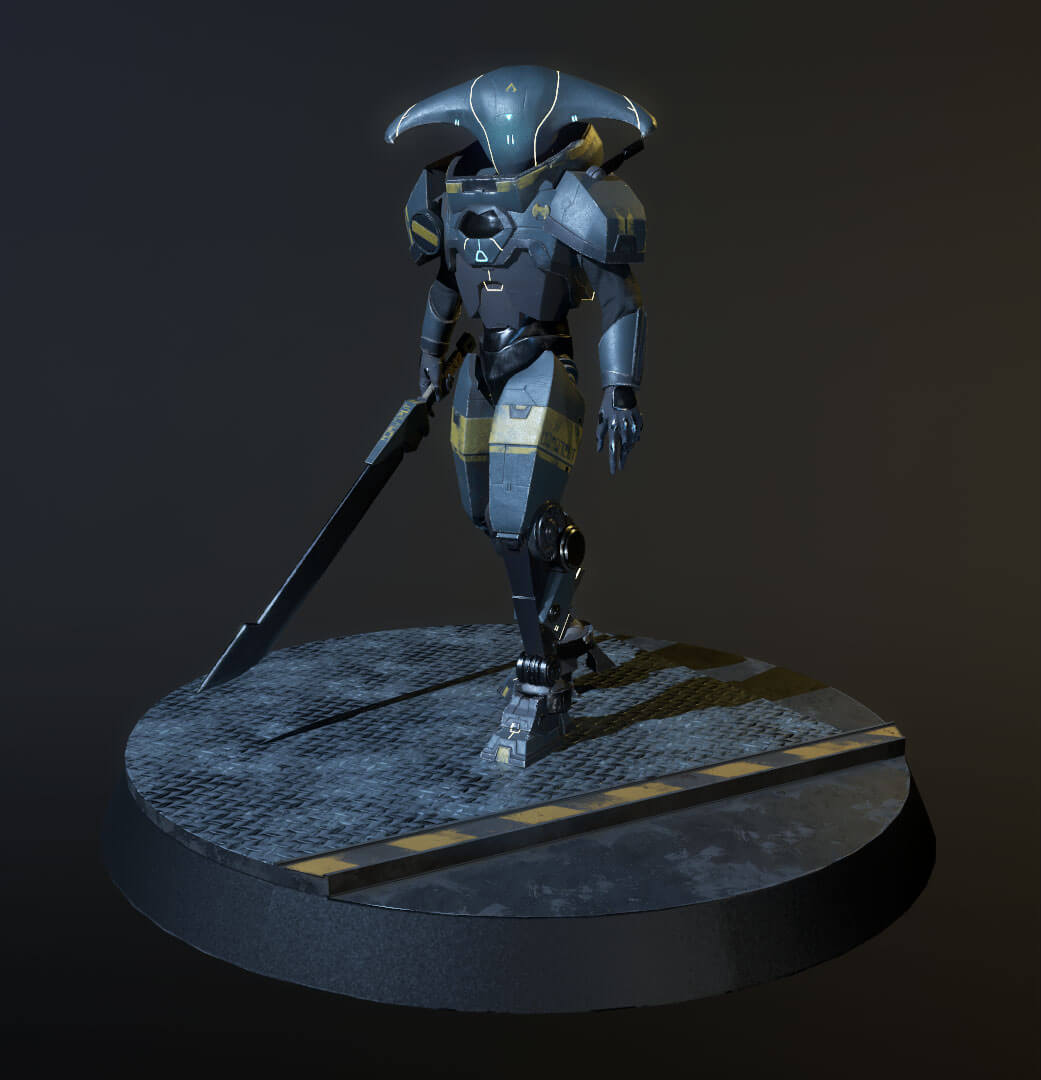 3D model of a robot man carrying a sword.