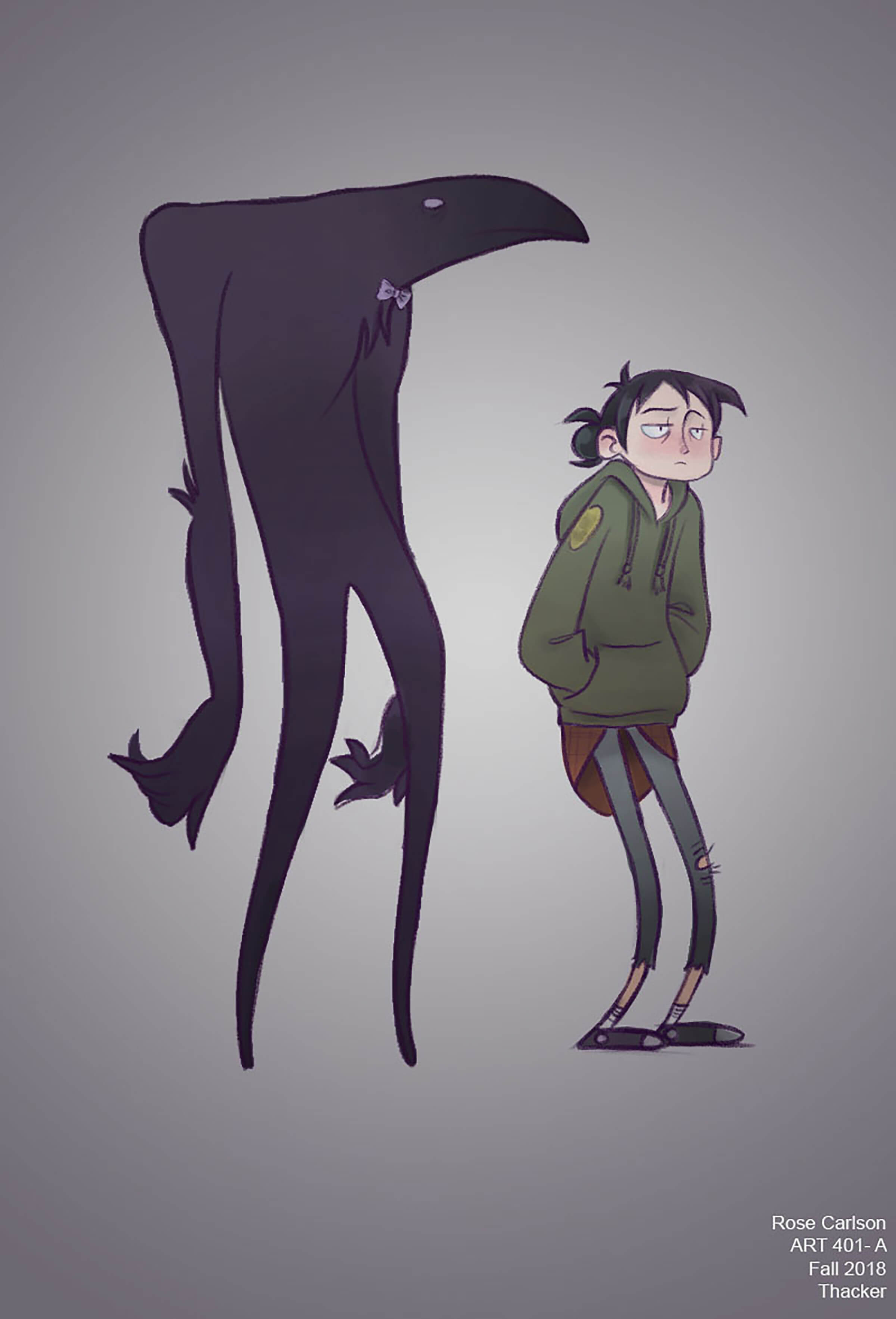 A slouchy girl in a sweatshirt next to large creature in a bow tie