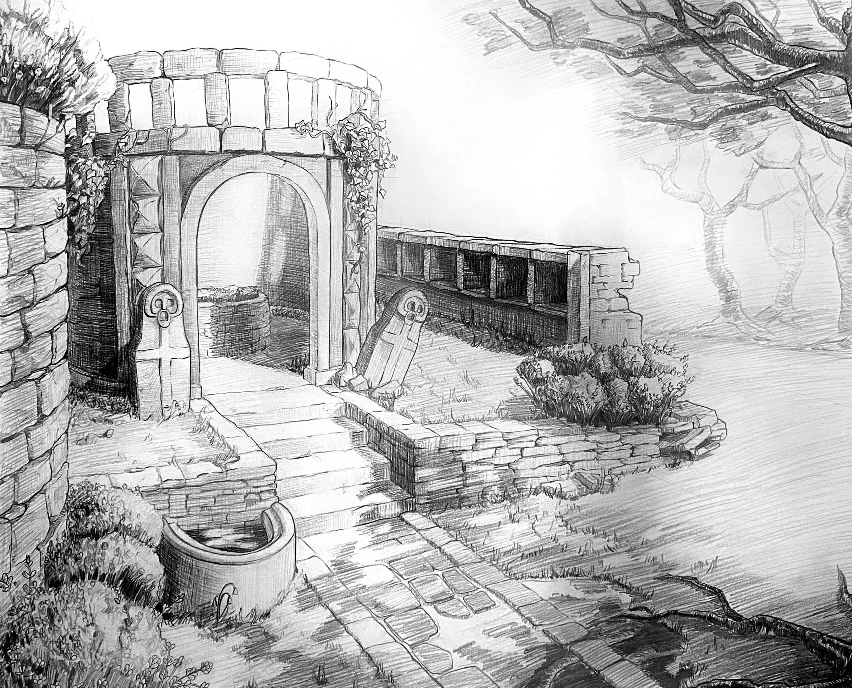 A drawing of a dilapidated shrine and well.