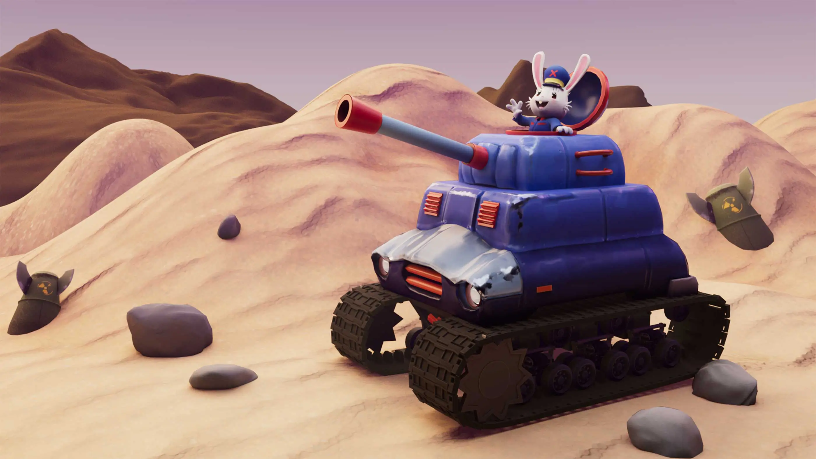 A 3D render of a bunny driving a tank in a desert littered with bombs.