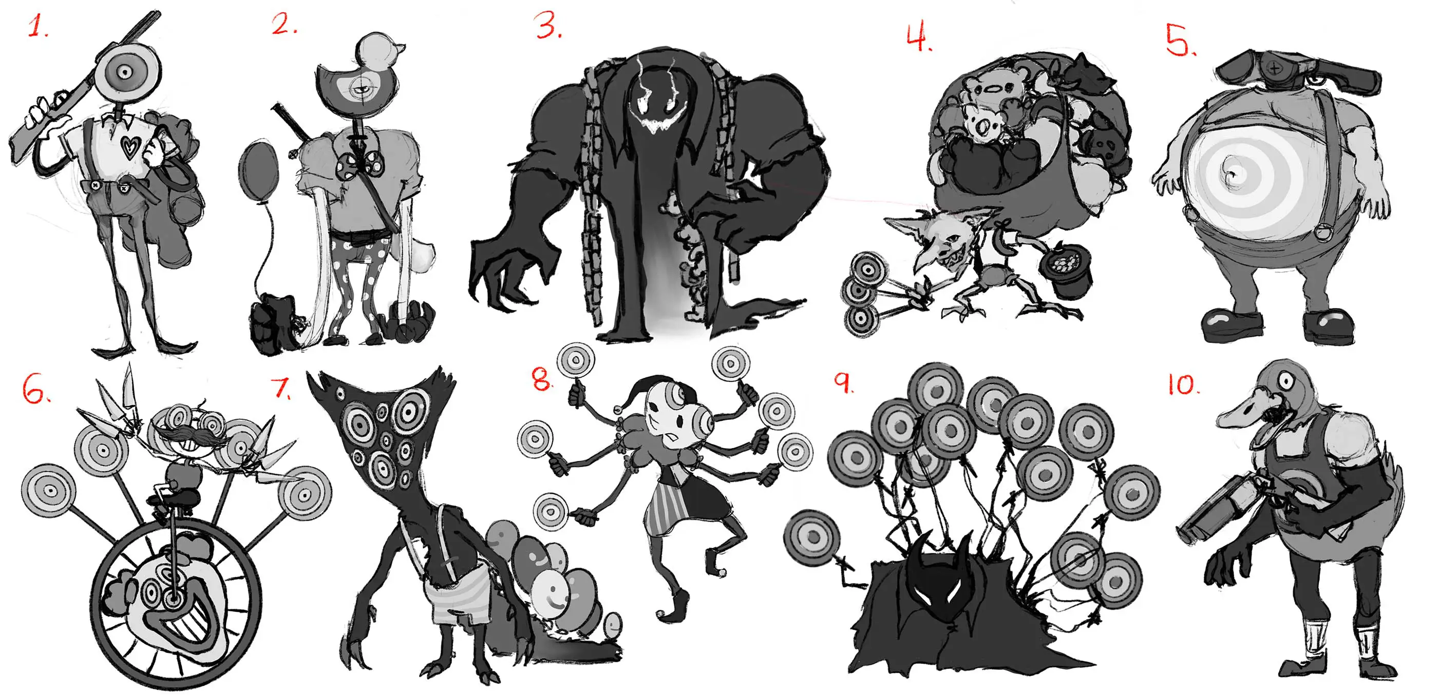 A collection of concept characters in a dark, yet carnival like, tone.