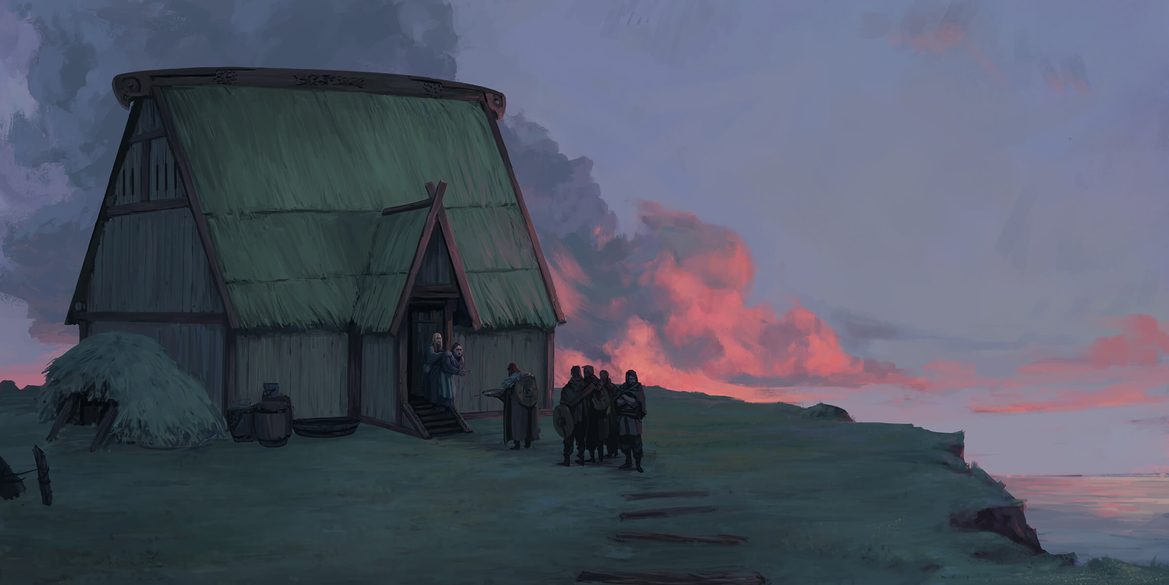 News being delivered to inhabitants of a thatched barn at sunset