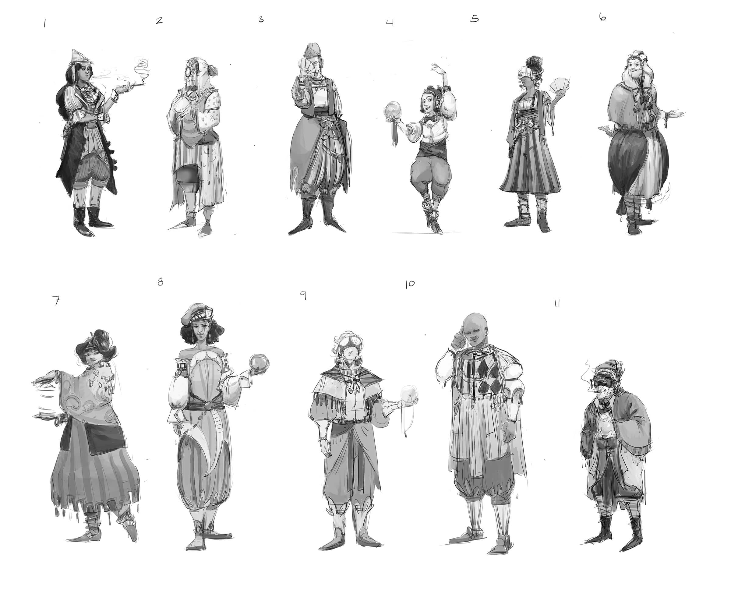 Various characters pose in flowing costumes
