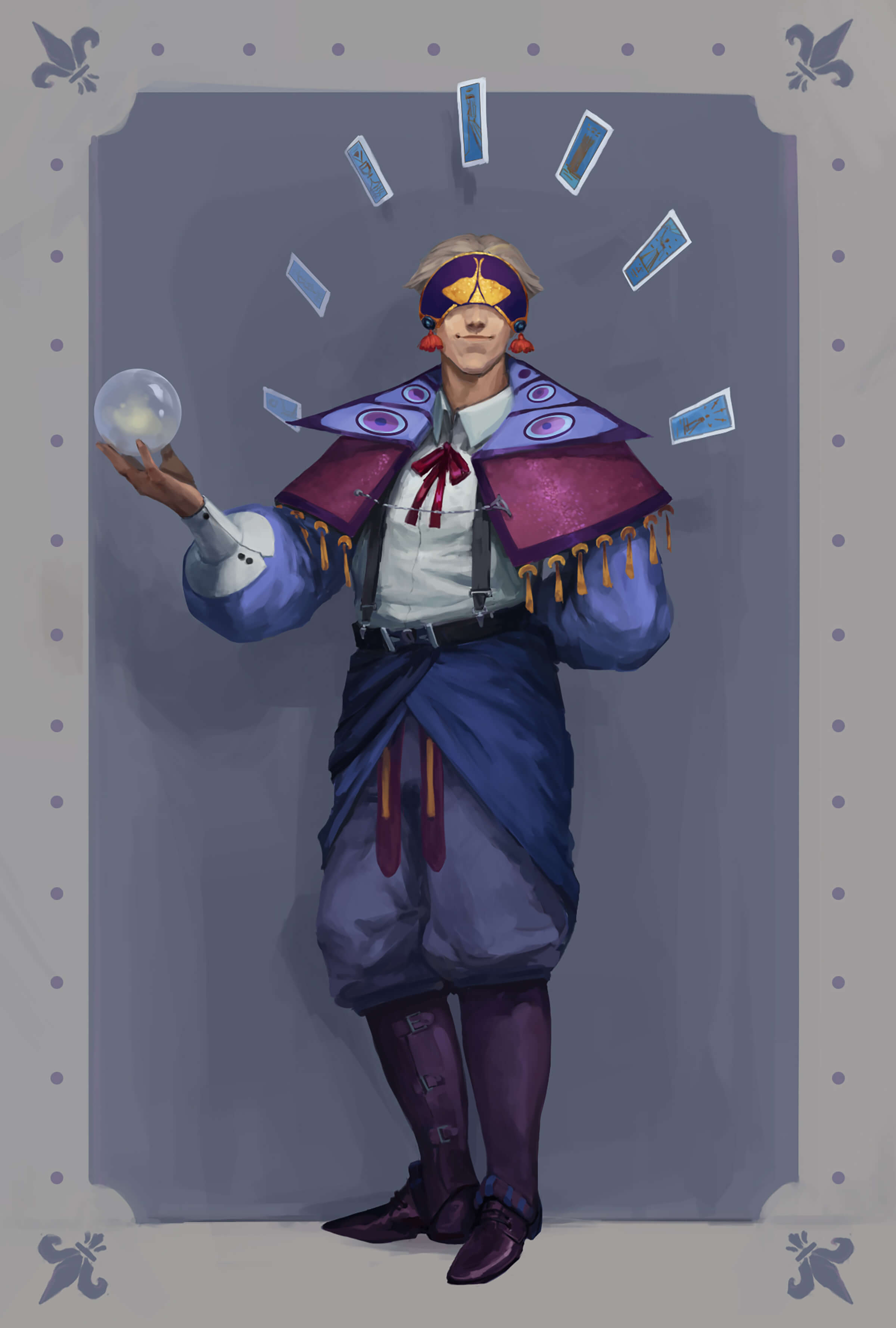 A masked character in a tasseled purple cape carrying a crystal ball