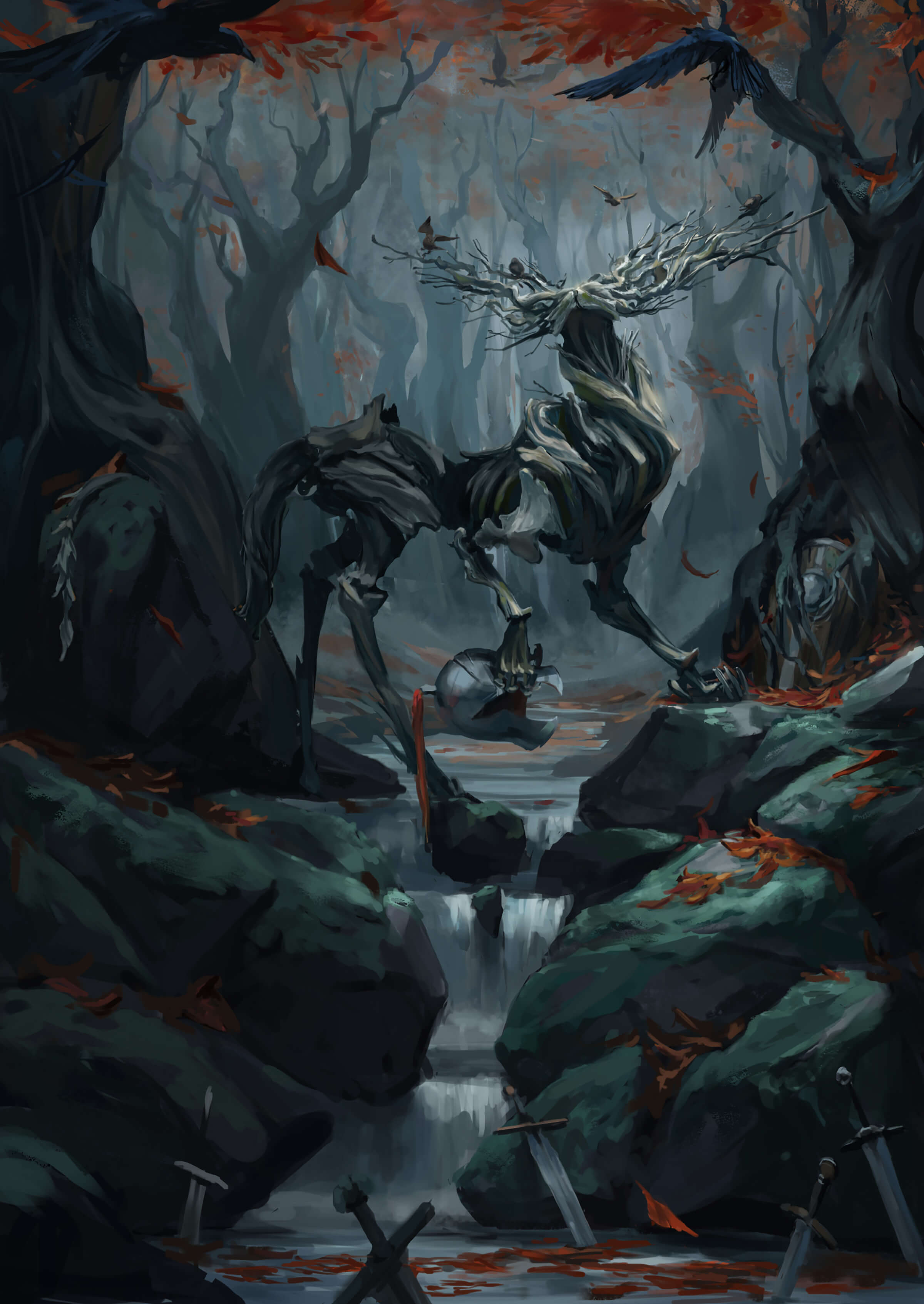 A wooden creature stands in a dark forest