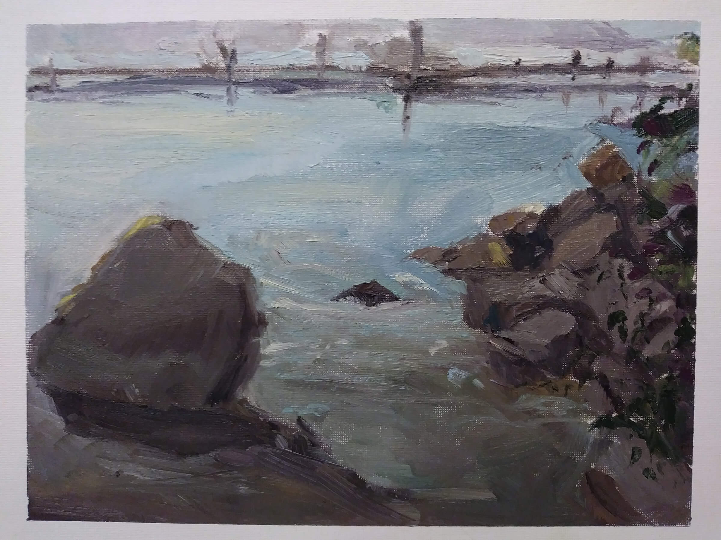 traditional painting of a shoreline with large black rocks
