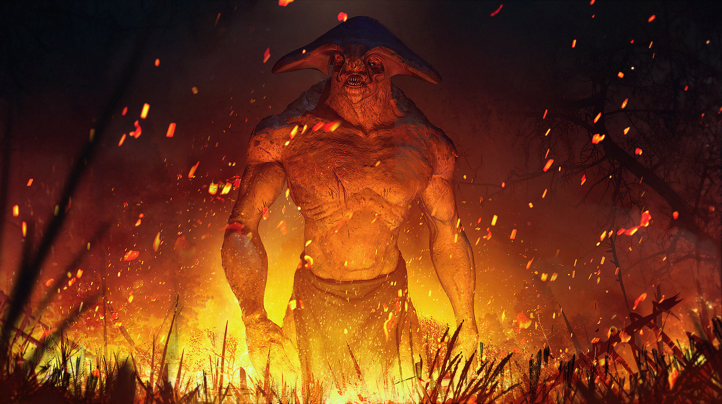 A large man-like creature with a winged bony head piece stands in fire