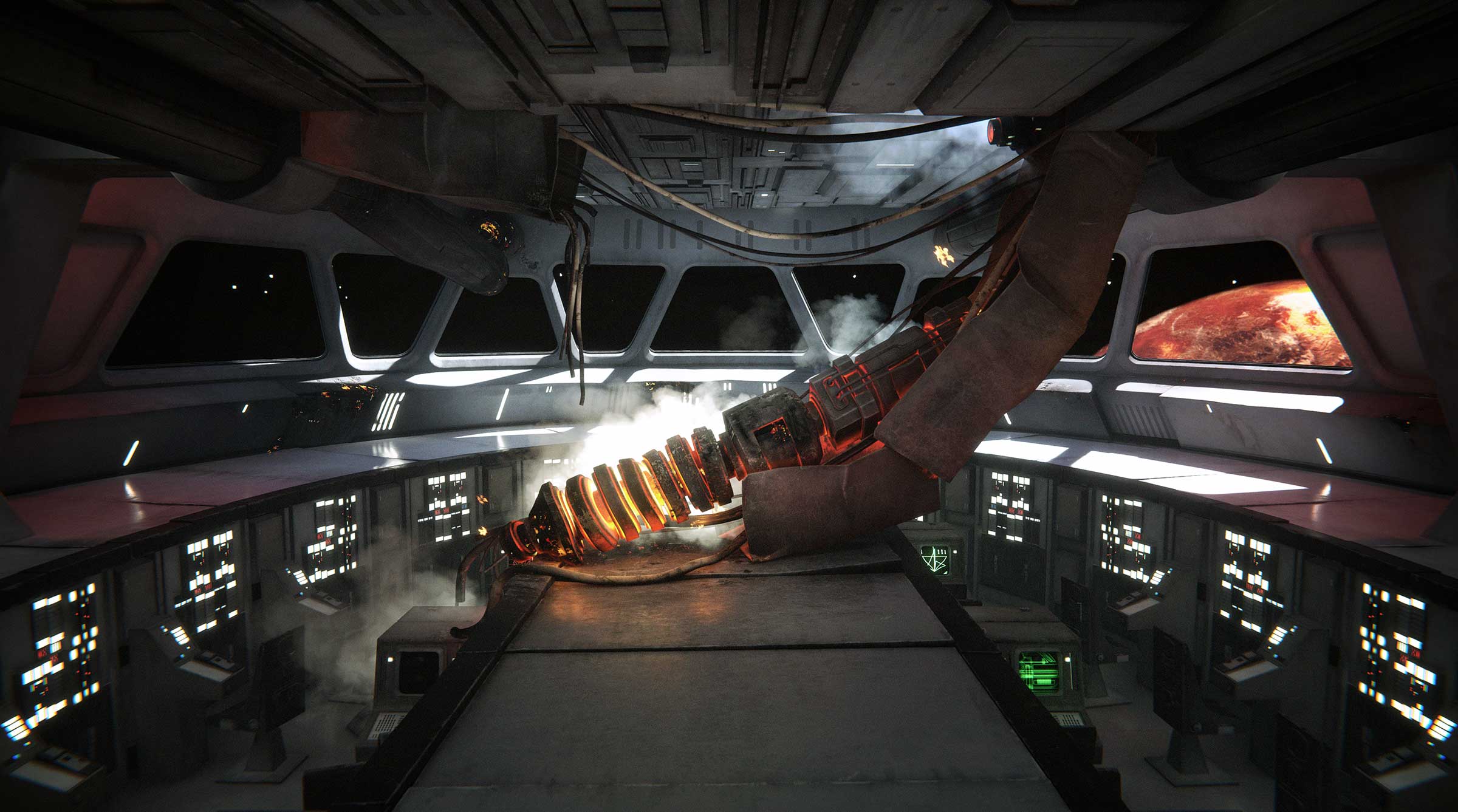 The interior of a spaceship where a heated rod has broken through the ceiling.